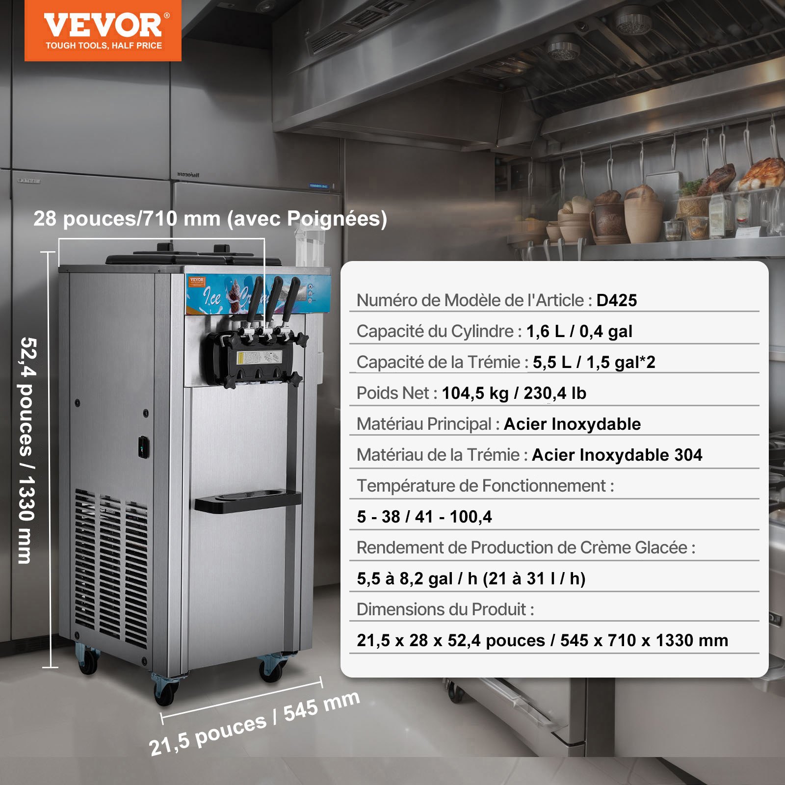 VEVOR Kommersiell glassmaskin, 21–31 l/h kapacitet, 1500 W fristående mjukglassmaskin med 3 smaker, 2 x 5,5 l cylinder i rostfritt stål, LED-panel med automatisk rengöring och förkylning, för restaurangbarer