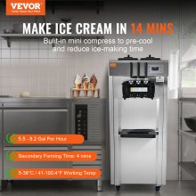 VEVOR Machine à crème glacée commerciale, rendement de 21 à 31 L/H, sorbetière molle autoportante à 3 saveurs de 1850 W, trémie en acier inoxydable de 2 x 4,3 L, panneau LED à nettoyage automatique, réfrigération de nuit, pour restaurant
