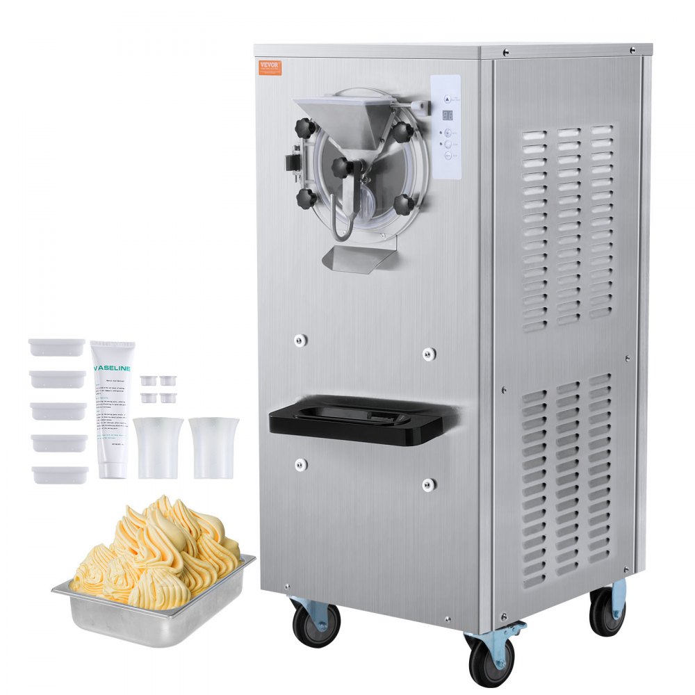 VEVOR commercial ice cream machine with accessories and a container of swirled ice cream.