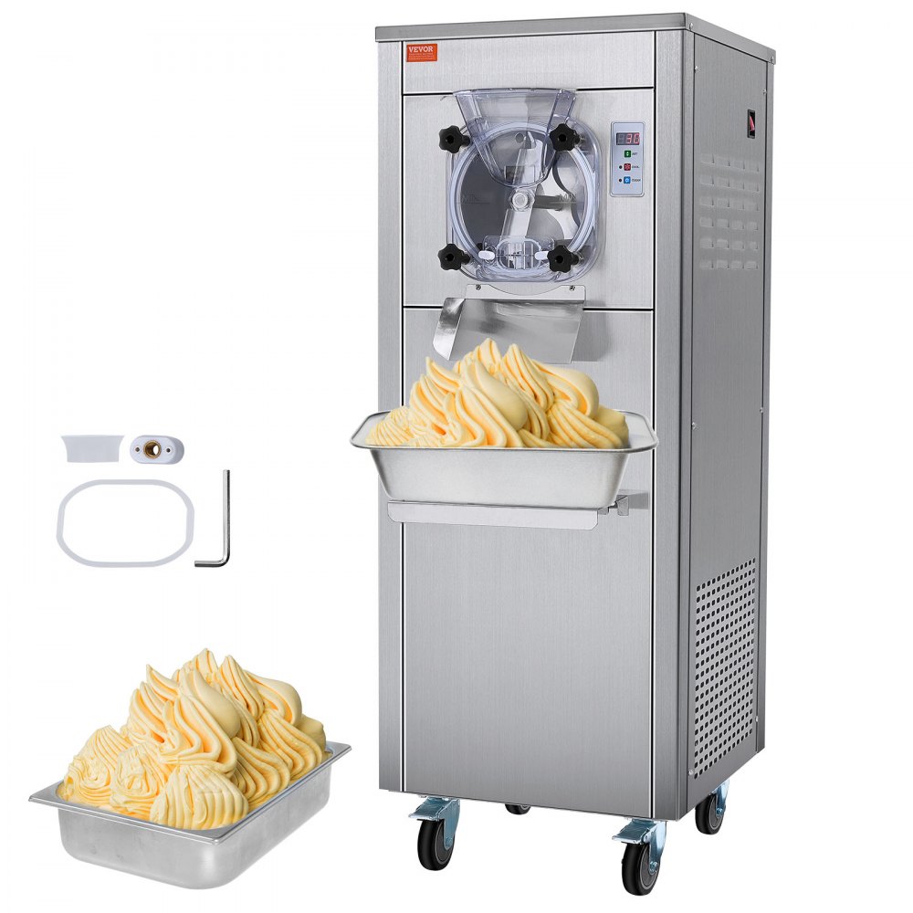 VEVOR commercial ice cream machine with a tray of soft-serve ice cream and included accessories.