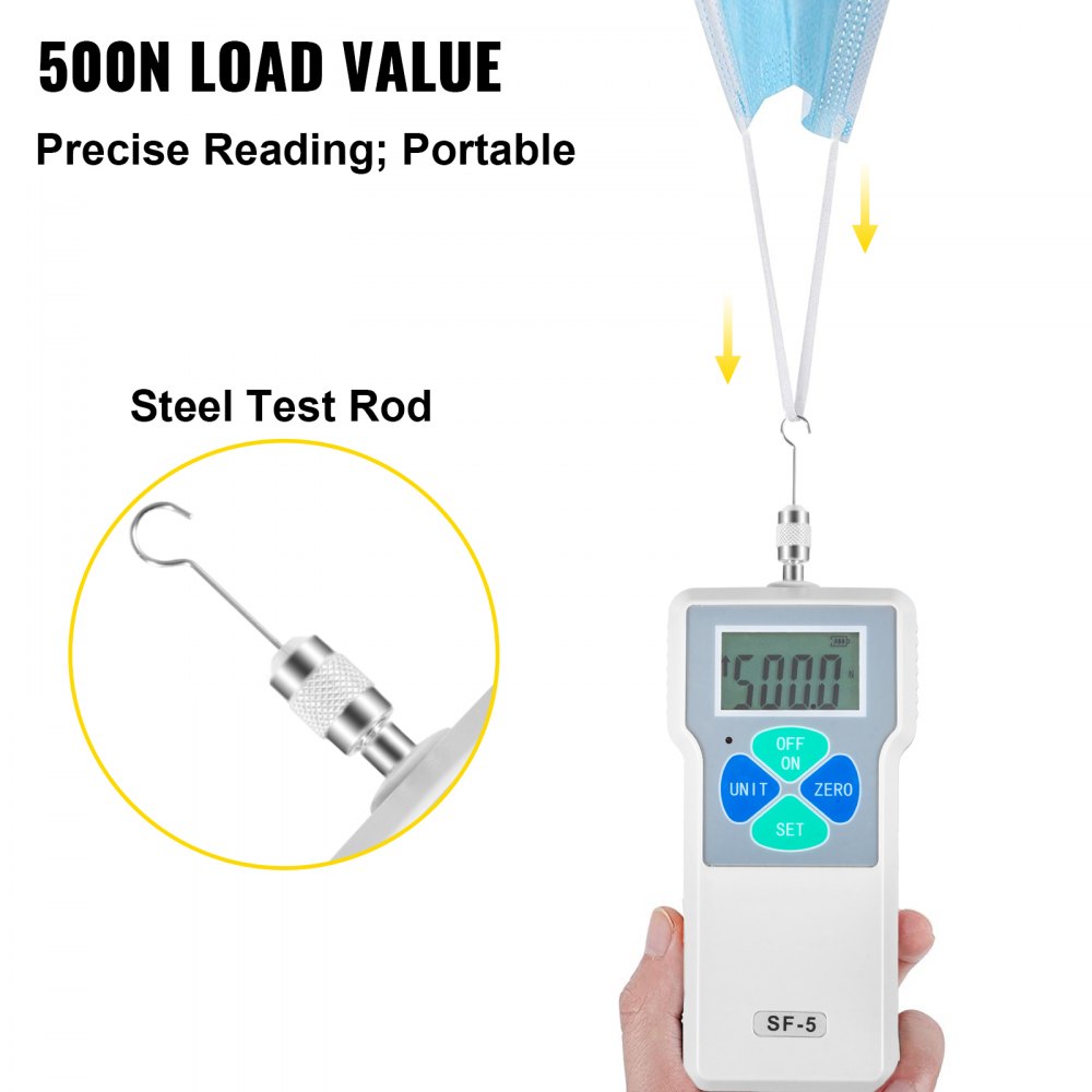 VEVOR Digital Force Gauge 500N/50kgf/110lbf Push Pull Force Gauge w/ LCD Backlight Display Pull Force Tester Peak/Track Mode Digital Thrust Meter Data Storage for Compression Load Plug Force Test