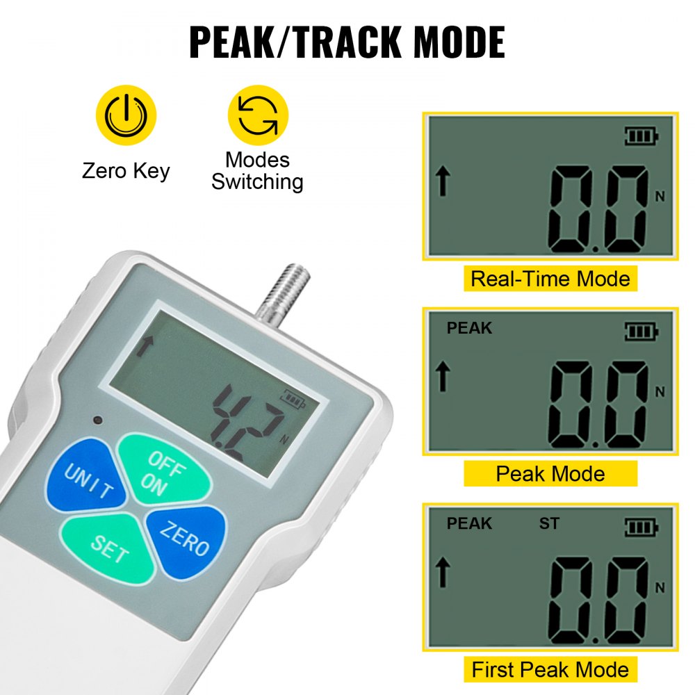 VEVOR Digital Force Gauge 500N/50kgf/110lbf Push Pull Force Gauge w/ LCD Backlight Display Pull Force Tester Peak/Track Mode Digital Thrust Meter Data Storage for Compression Load Plug Force Test