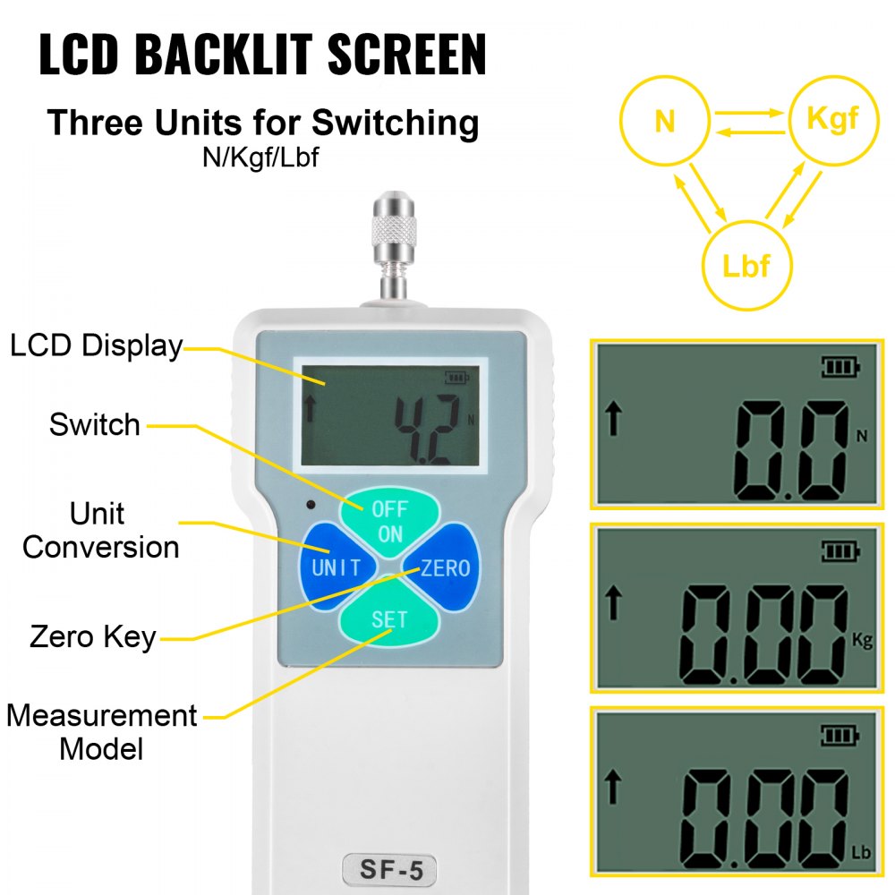VEVOR Digital Force Gauge 500N/50kgf/110lbf Push Pull Force Gauge w/ LCD Backlight Display Pull Force Tester Peak/Track Mode Digital Thrust Meter Data Storage for Compression Load Plug Force Test