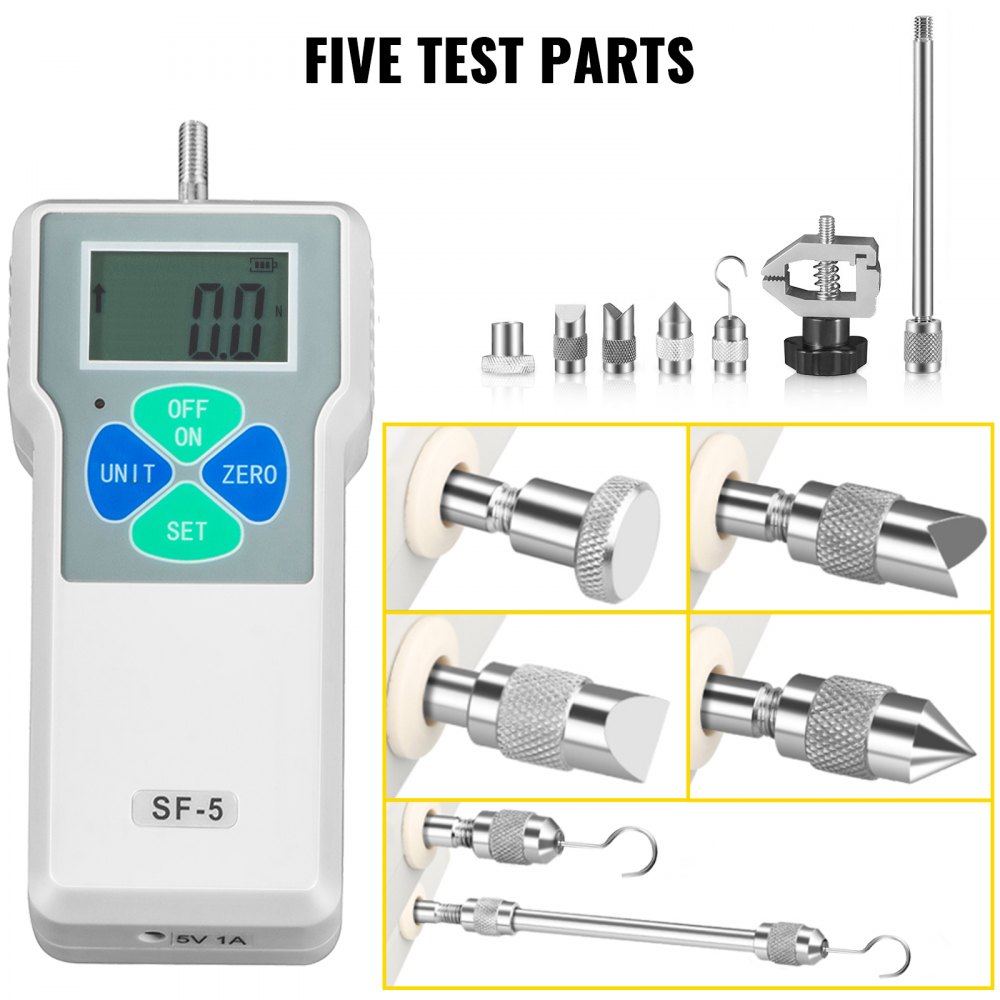 VEVOR Digital Force Gauge 500N/50kgf/110lbf Push Pull Force Gauge w/ LCD Backlight Display Pull Force Tester Peak/Track Mode Digital Thrust Meter Data Storage for Compression Load Plug Force Test