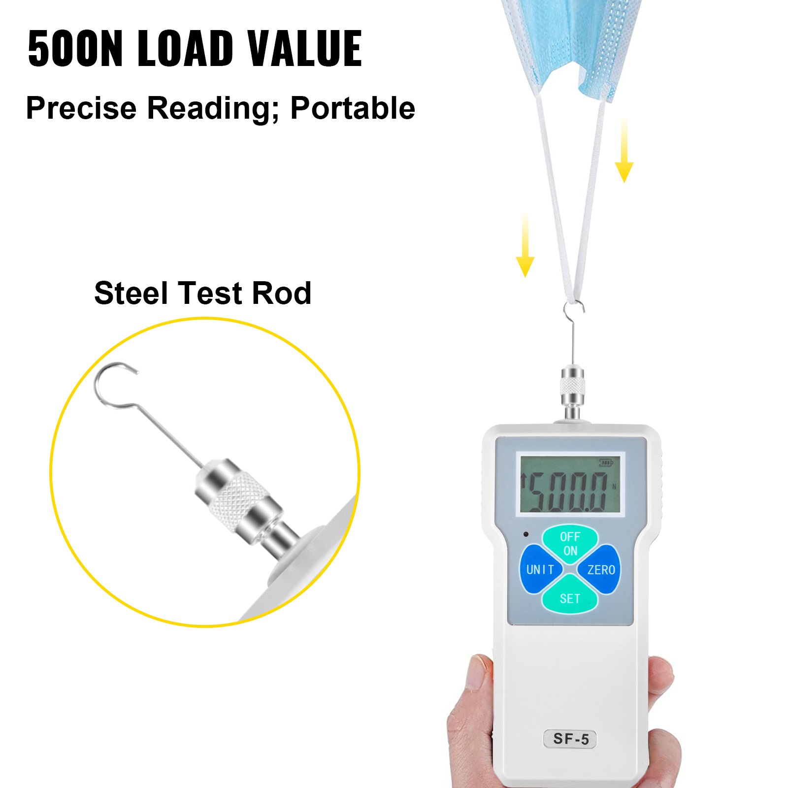 VEVOR Digital Force Gauge 500N/50kgf/110lbf Push Pull Force Gauge w/ LCD Backlight Display Pull Force Tester Peak/Track Mode Digital Thrust Meter Data Storage for Compression Load Plug Force Test