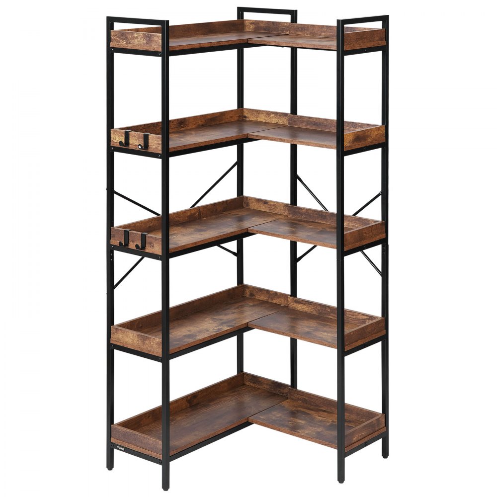 VEVOR 5 Tier Corner Bookshelf, Tall Corner Bookcase with 4 Hooks, L-Shaped Bookshelf Organizer with Metal Frame & Wooden Shelves, Reversible Display Book Shelf Rack for Bedroom, Living Room, Office