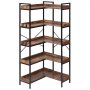 VEVOR 5 Tier Corner Bookshelf with 4 Hooks, 65.4" Tall Corner Bookcase with Heavy Duty Metal Frame & Wooden Shelves, Industrial L Shaped Corner Display Shelf for Bedroom, Living Room, Office
