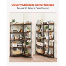 VEVOR 5 Tier Corner Bookshelf Tall Corner Bookcase with 4 Hooks L-Shaped Storage