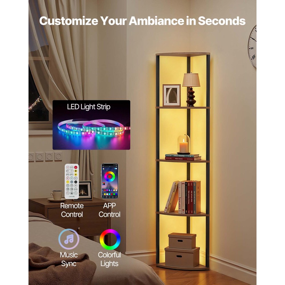 VEVOR 5 Tier Corner Shelf, Tall Corner Stand with LED Light, Wall Shelves Tower Storage Organizer with Metal Frame & Wooden Shelves, Narrow Display Book Shelf Rack for Bedroom, Living Room, Office