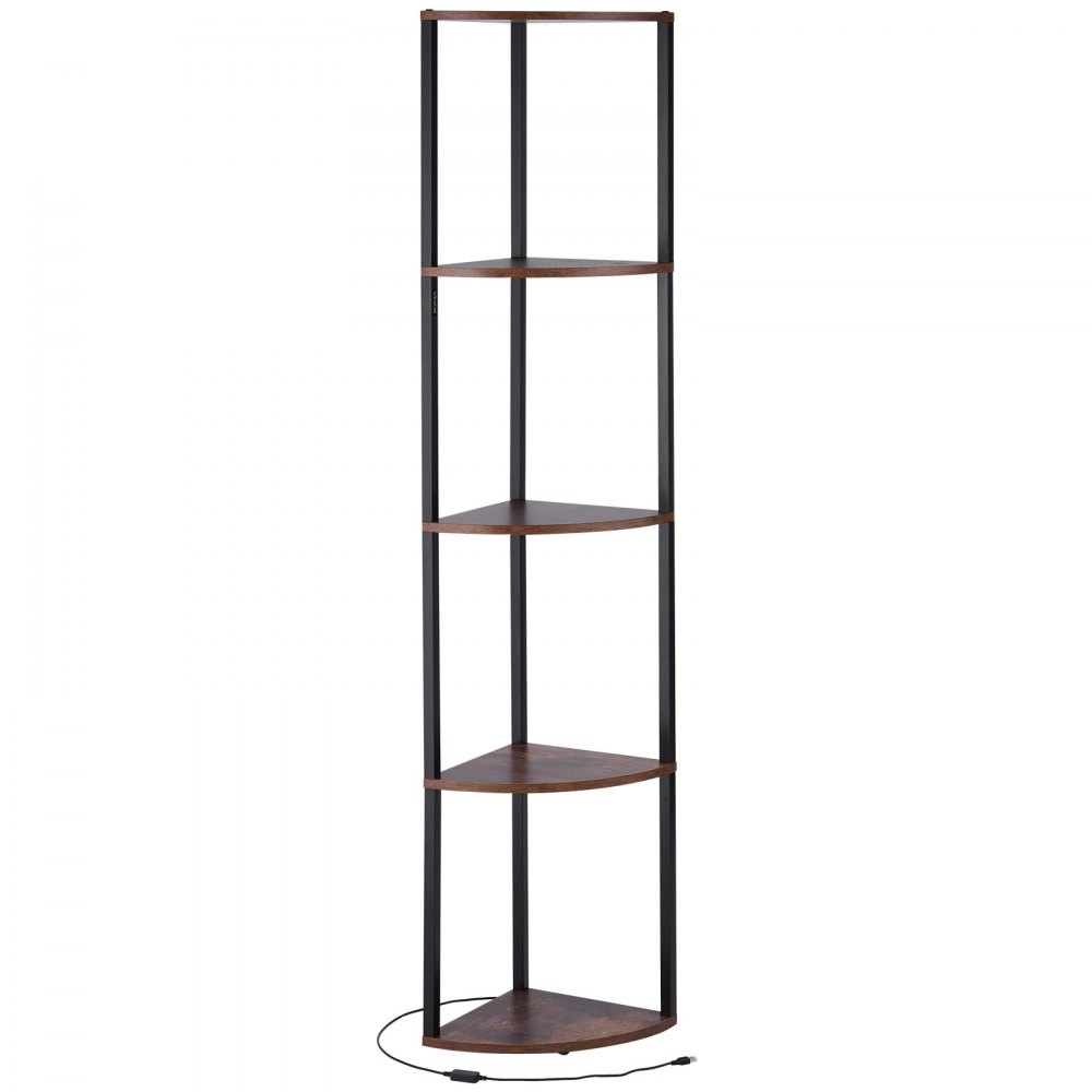 VEVOR 5 Tier Corner Shelf, Tall Corner Stand with LED Light, Wall Shelves Tower Storage Organizer with Metal Frame & Wooden Shelves, Narrow Display Book Shelf Rack for Bedroom, Living Room, Office