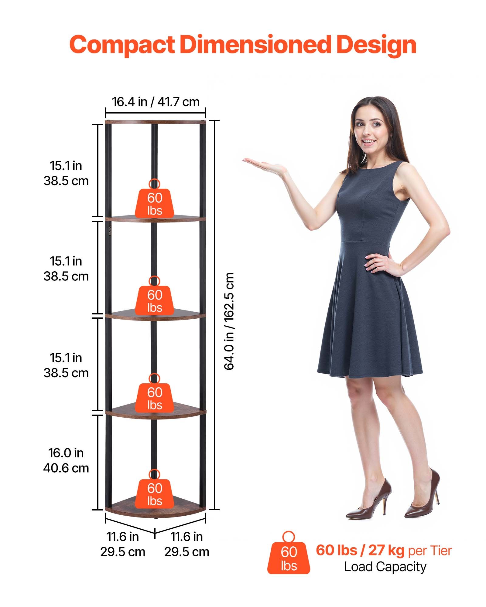VEVOR 5 Tier Corner Shelf, Tall Corner Stand with LED Light, Wall Shelves Tower Storage Organizer with Metal Frame & Wooden Shelves, Narrow Display Book Shelf Rack for Bedroom, Living Room, Office