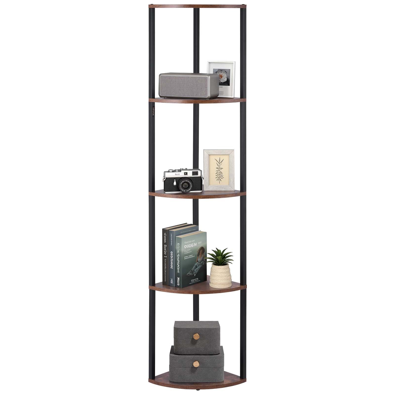VEVOR 5 Tier Corner Shelf, Tall Corner Stand with LED Light, Wall Shelves Tower Storage Organizer with Metal Frame & Wooden Shelves, Narrow Display Book Shelf Rack for Bedroom, Living Room, Office