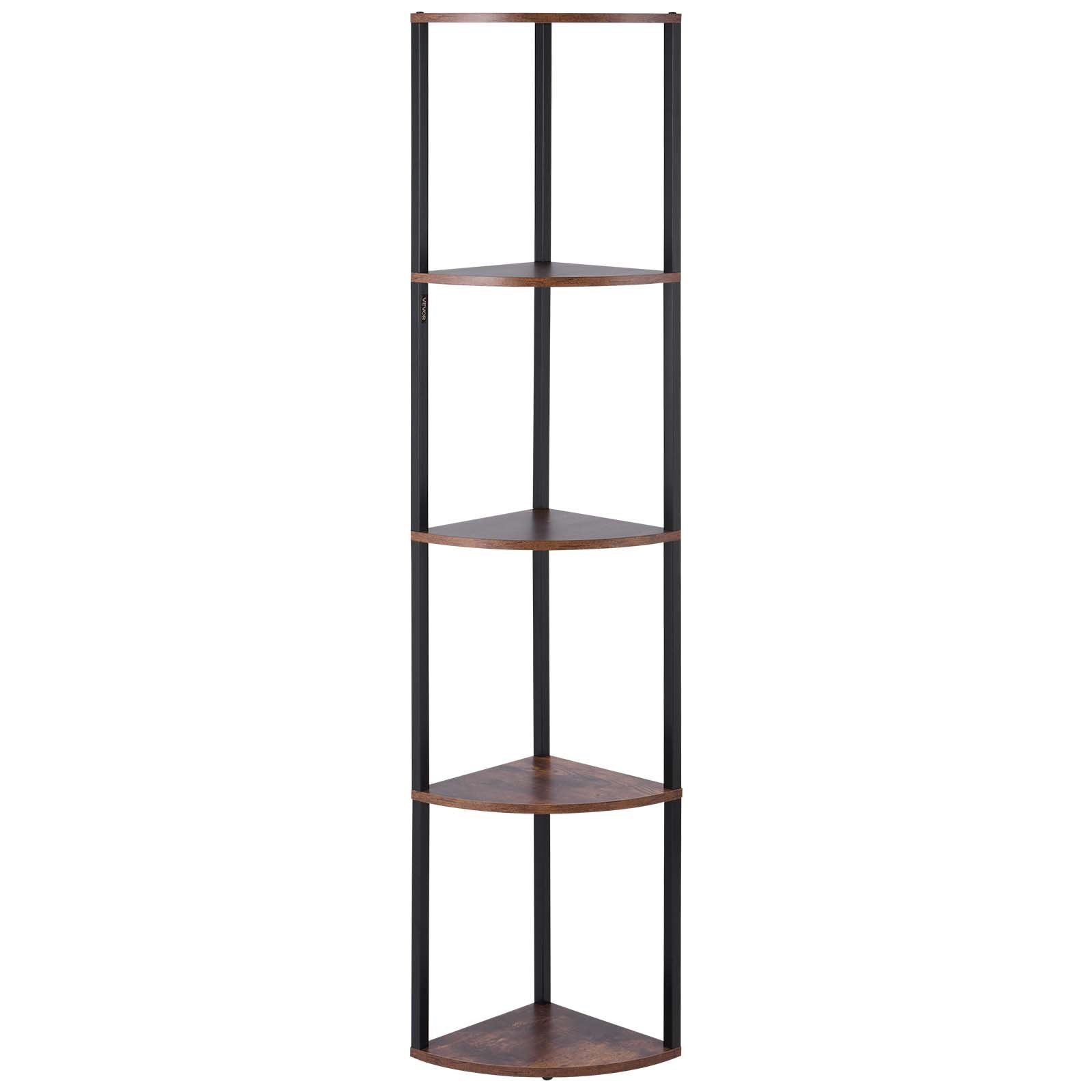 VEVOR 5 Tier Corner Shelf, Tall Corner Stand with LED Light, Wall Shelves Tower Storage Organizer with Metal Frame & Wooden Shelves, Narrow Display Book Shelf Rack for Bedroom, Living Room, Office