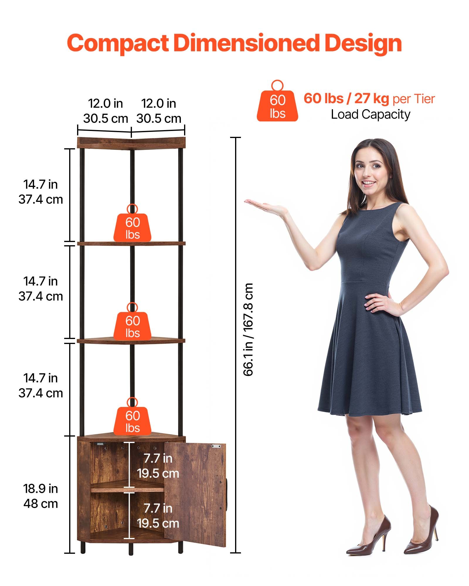 VEVOR 5 Tier Corner Shelf, Tall Corner Stand with LED Light and Doors, Wall Shelves Tower Storage Organizer, Metal Frame & Wooden Shelves, Narrow Display Book Shelf Rack for Home, Office, Rustic Brown