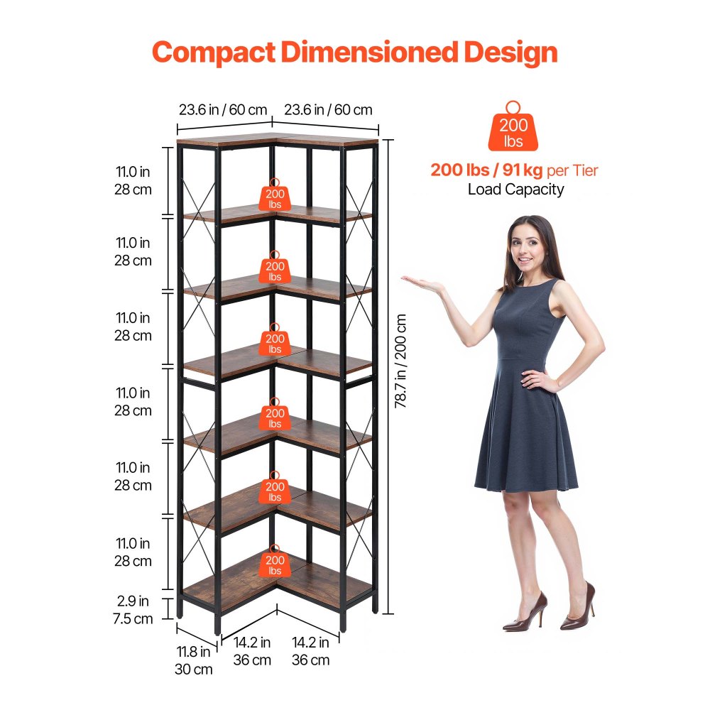 VEVOR 7 Tier Corner Bookshelf, Tall Corner Bookcase Strage, Large L-Shaped Bookshelf Organizer with Metal Frame & Wooden Shelves, Reversible Display Book Shelf Rack for Bedroom, Living Room, Office