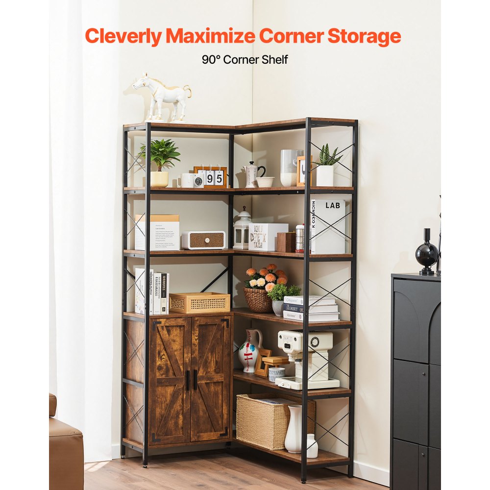 VEVOR 6 Tier Corner Bookshelf, 70" Tall Corner Bookcase with Storage Cabinet, 2 Barn Doors & 10 Storage Shelves, Farmhouse L Shaped Corner Display Shelf for Bedroom, Living Room, Office