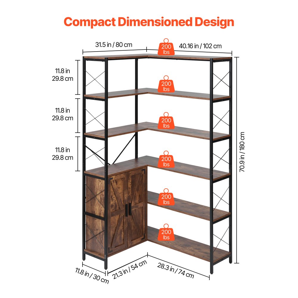 VEVOR 6 Tier Corner Bookshelf, 70" Tall Corner Bookcase with Storage Cabinet, 2 Barn Doors & 10 Storage Shelves, Farmhouse L Shaped Corner Display Shelf for Bedroom, Living Room, Office
