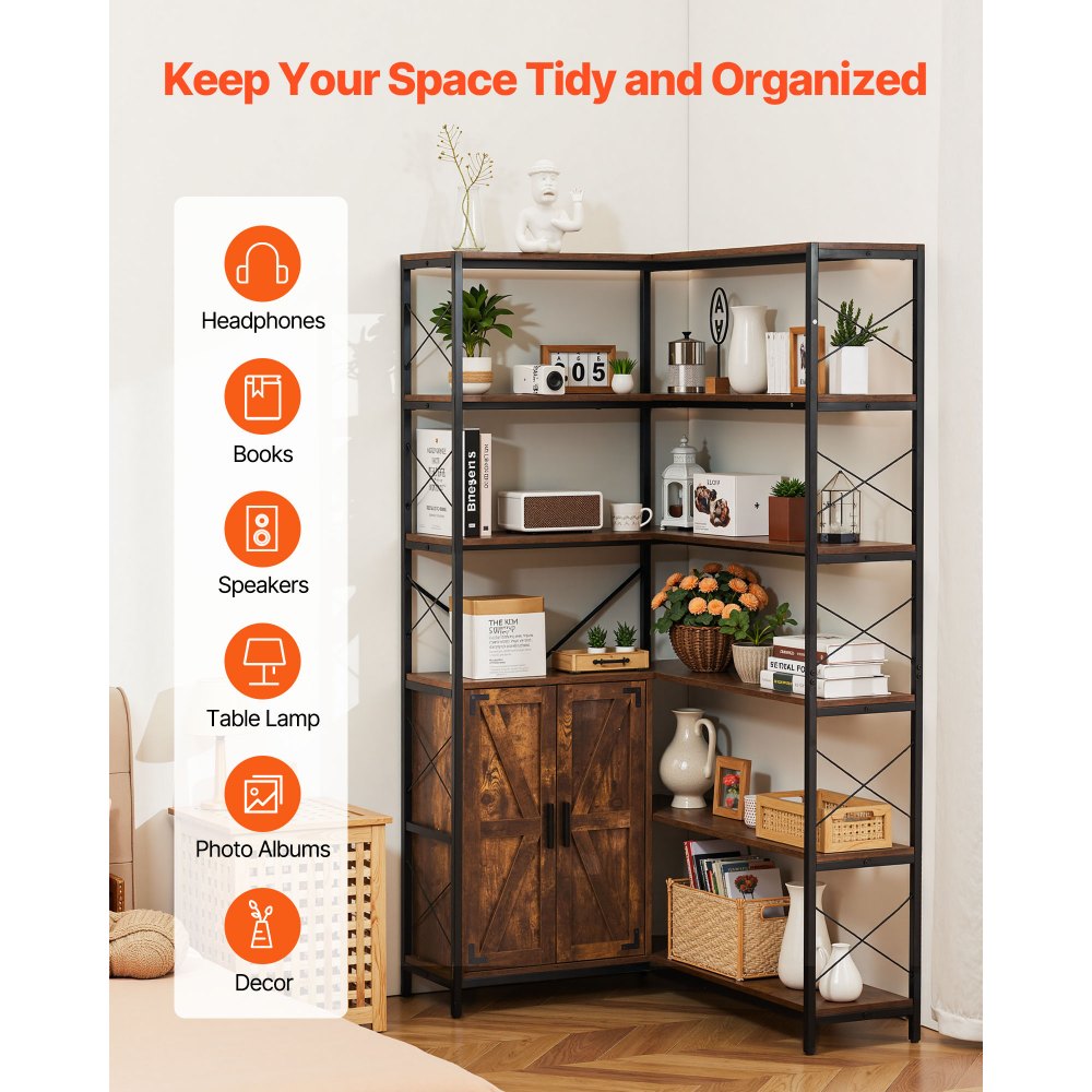 VEVOR 6 Tier Corner Bookshelf, 70" Tall Corner Bookcase with Storage Cabinet, 2 Barn Doors & 10 Storage Shelves, Farmhouse L Shaped Corner Display Shelf for Bedroom, Living Room, Office