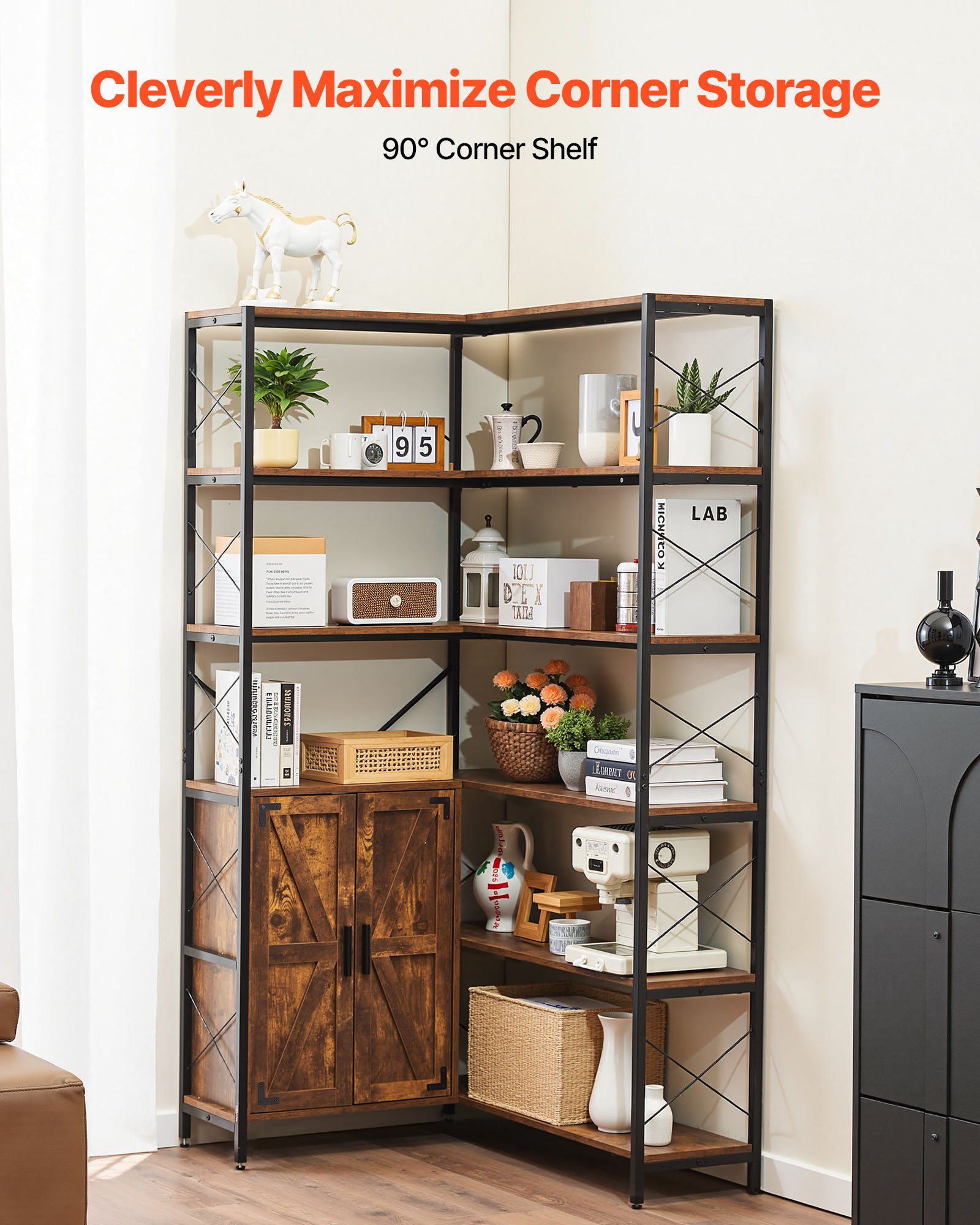 VEVOR 6 Tier Corner Bookshelf, 70" Tall Corner Bookcase with Storage Cabinet, 2 Barn Doors & 10 Storage Shelves, Farmhouse L Shaped Corner Display Shelf for Bedroom, Living Room, Office