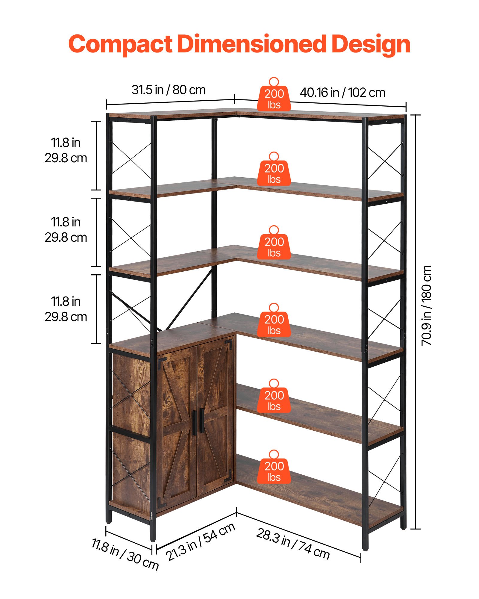 VEVOR 6 Tier Corner Bookshelf, 70" Tall Corner Bookcase with Storage Cabinet, 2 Barn Doors & 10 Storage Shelves, Farmhouse L Shaped Corner Display Shelf for Bedroom, Living Room, Office
