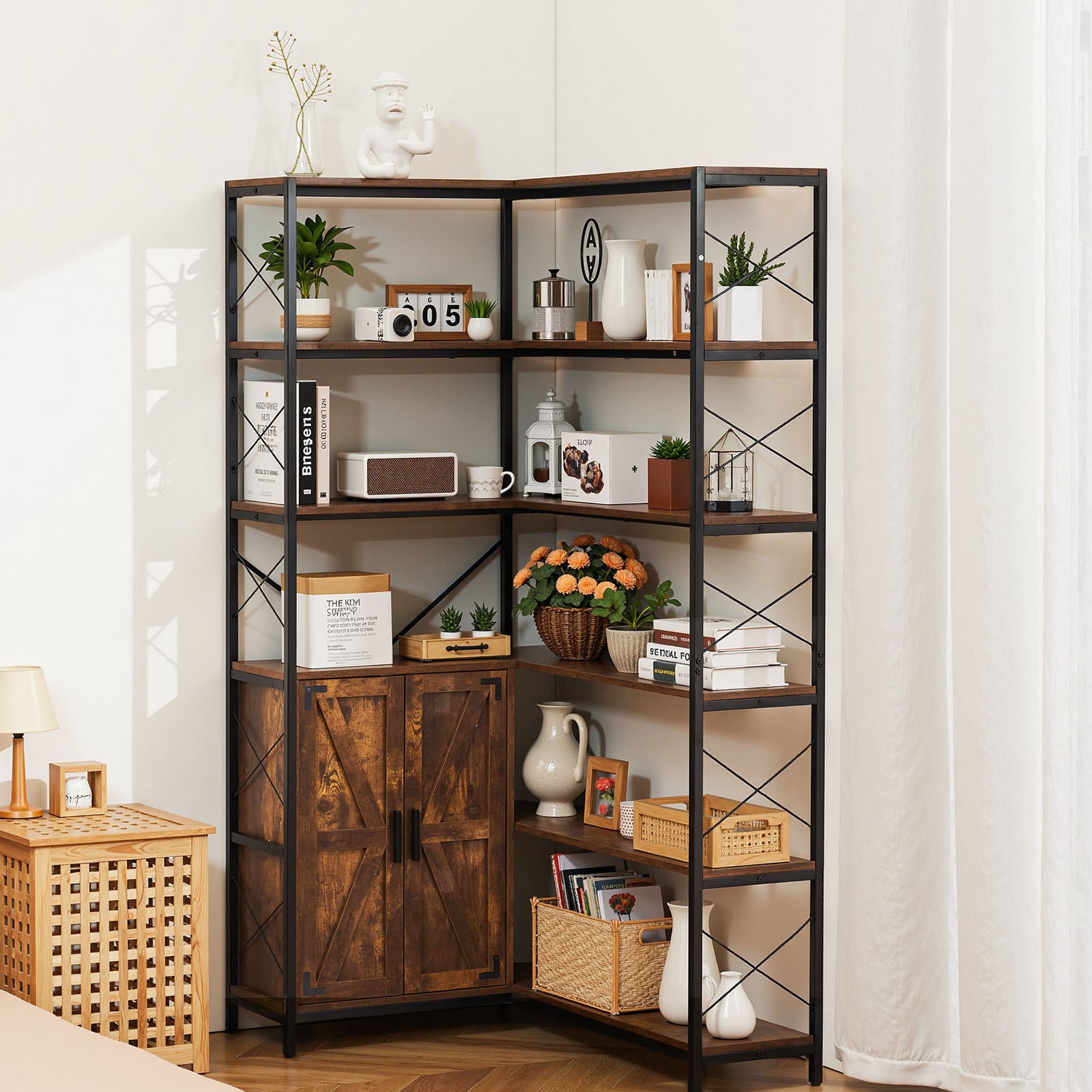 VEVOR 6 Tier Corner Bookshelf, 70" Tall Corner Bookcase with Storage Cabinet, 2 Barn Doors & 10 Storage Shelves, Farmhouse L Shaped Corner Display Shelf for Bedroom, Living Room, Office
