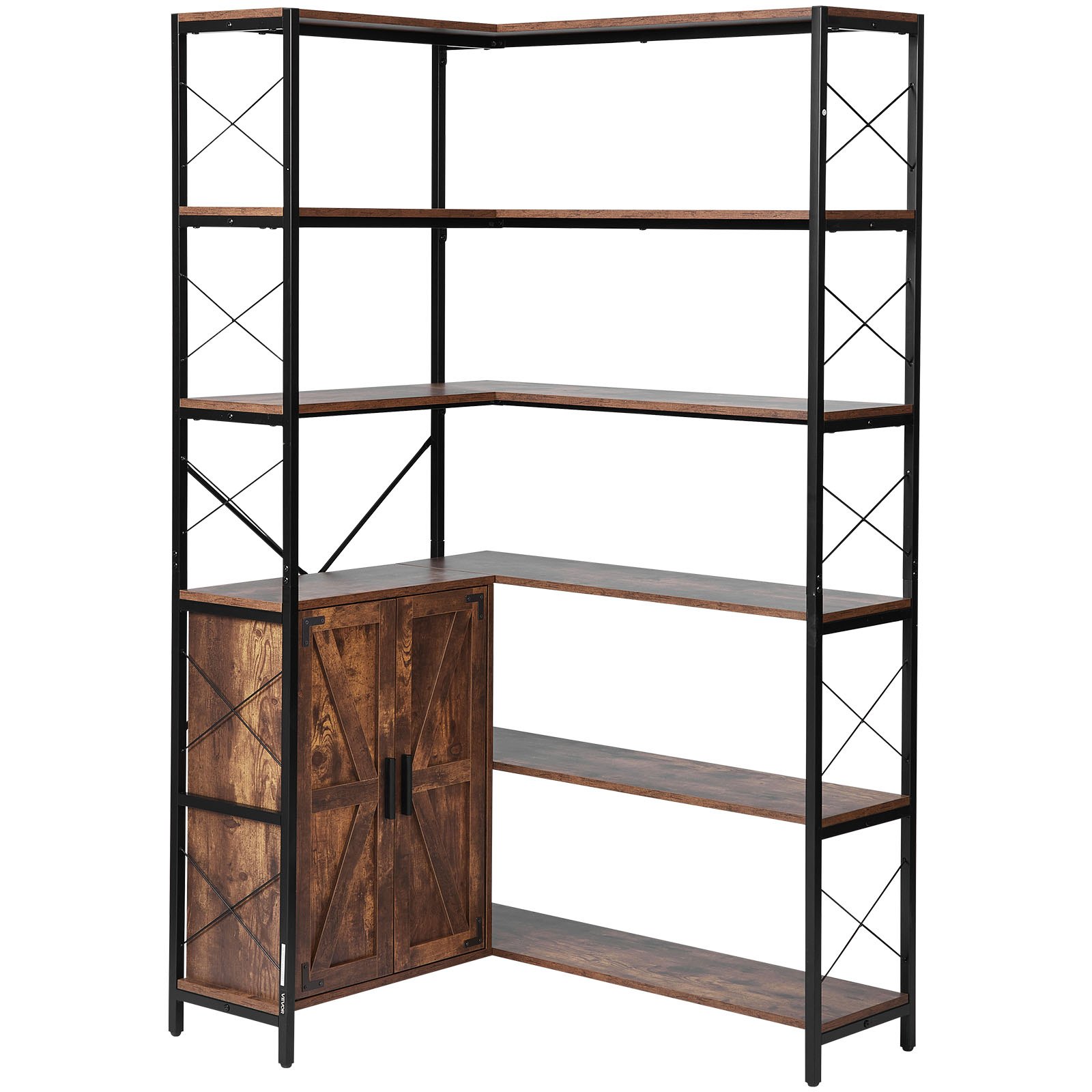 VEVOR 6 Tier Corner Bookshelf, 70" Tall Corner Bookcase with Storage Cabinet, 2 Barn Doors & 10 Storage Shelves, Farmhouse L Shaped Corner Display Shelf for Bedroom, Living Room, Office