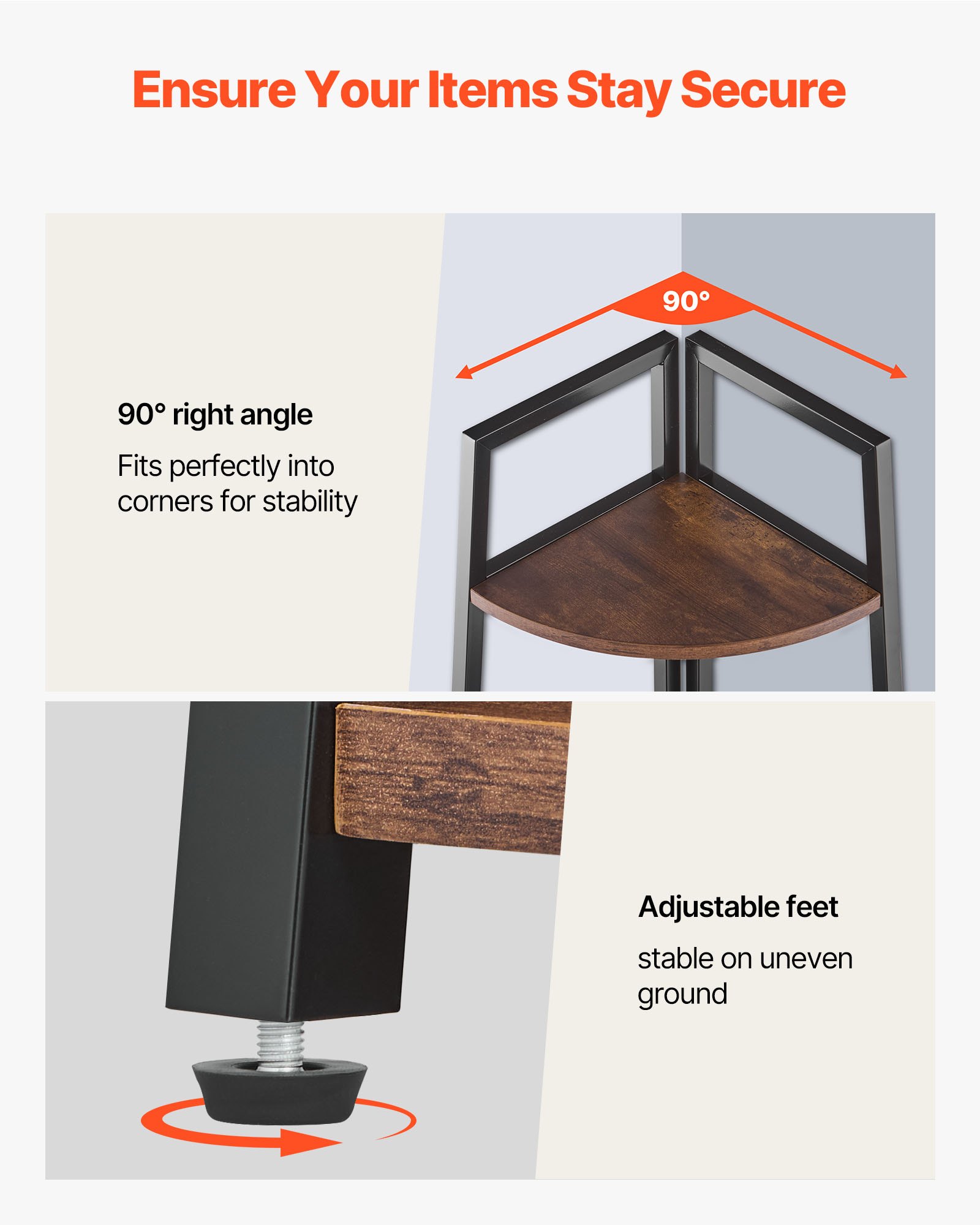 Estantería esquinera VEVOR de 5 niveles, 178 cm de alto, con estructura de metal y estantes de madera, estilo industrial, ideal para salón, dormitorio y oficina, color marrón rústico.