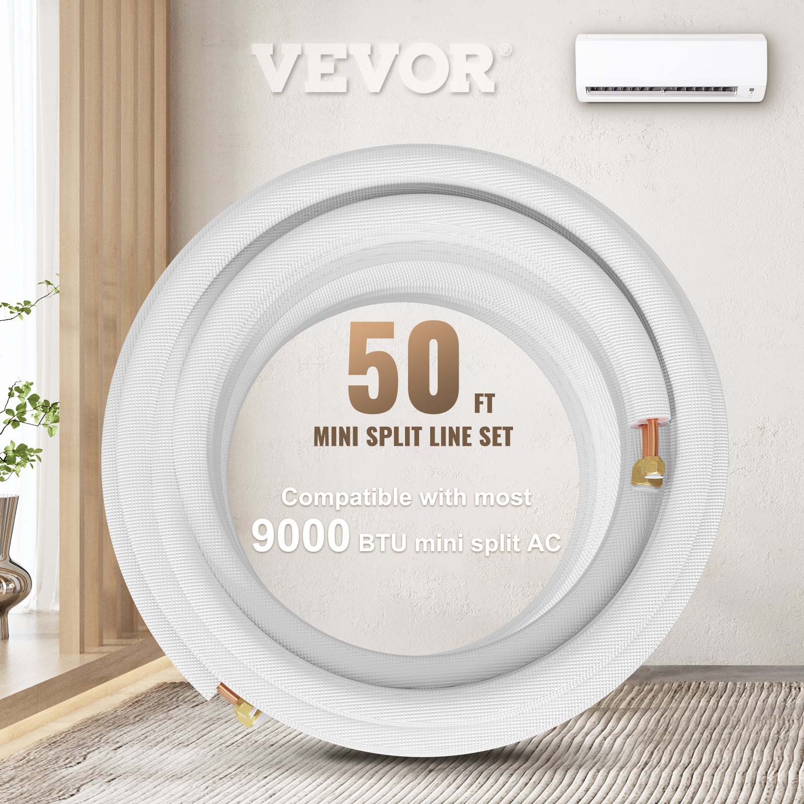 VEVOR Mini Split Copper Line Set 49.2ft Length, 3/8" & 1/4" OD Copper Pipes for Mini Split Air Conditioner, Flared Copper Lines White Mini Split Line Set for Heat Pump System Line Set for 9000 BTU