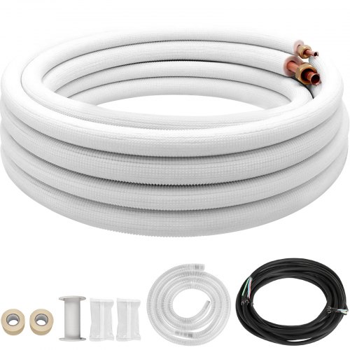 VEVOR Mini Split Copper Line Set 25ft Length, 3/8" & 1/4" OD Copper Pipes for Mini Split Air Conditioner, Flared Copper Lines White, Mini Split Line Set for Heat Pump System, Line Set for 9000 BTU