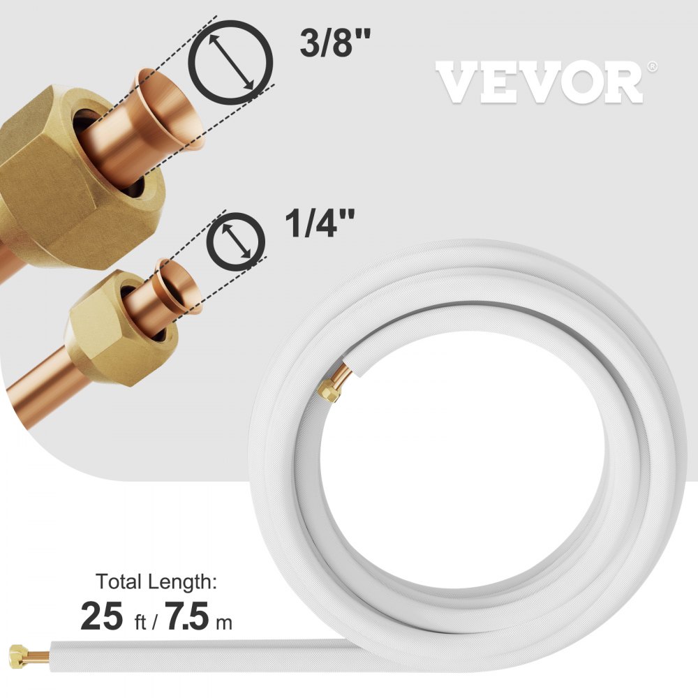 VEVOR Mini Split Copper Line Set 25ft Length, 3/8" & 1/4" OD Copper Pipes for Mini Split Air Conditioner, Flared Copper Lines White, Mini Split Line Set for Heat Pump System, Line Set for 9000 BTU