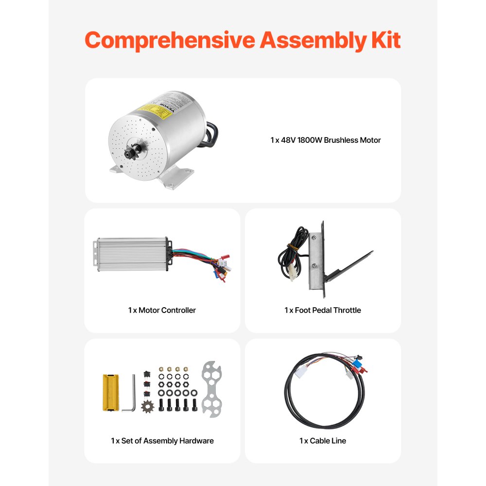 VEVOR 1800W Electric Brushless DC Motor Kit - 48V 4500rpm Motor with Upgraded Speed Controller and Foot Pedal Throttle Kit for Go Karts E-Bike Motorcycle Scooter DIY