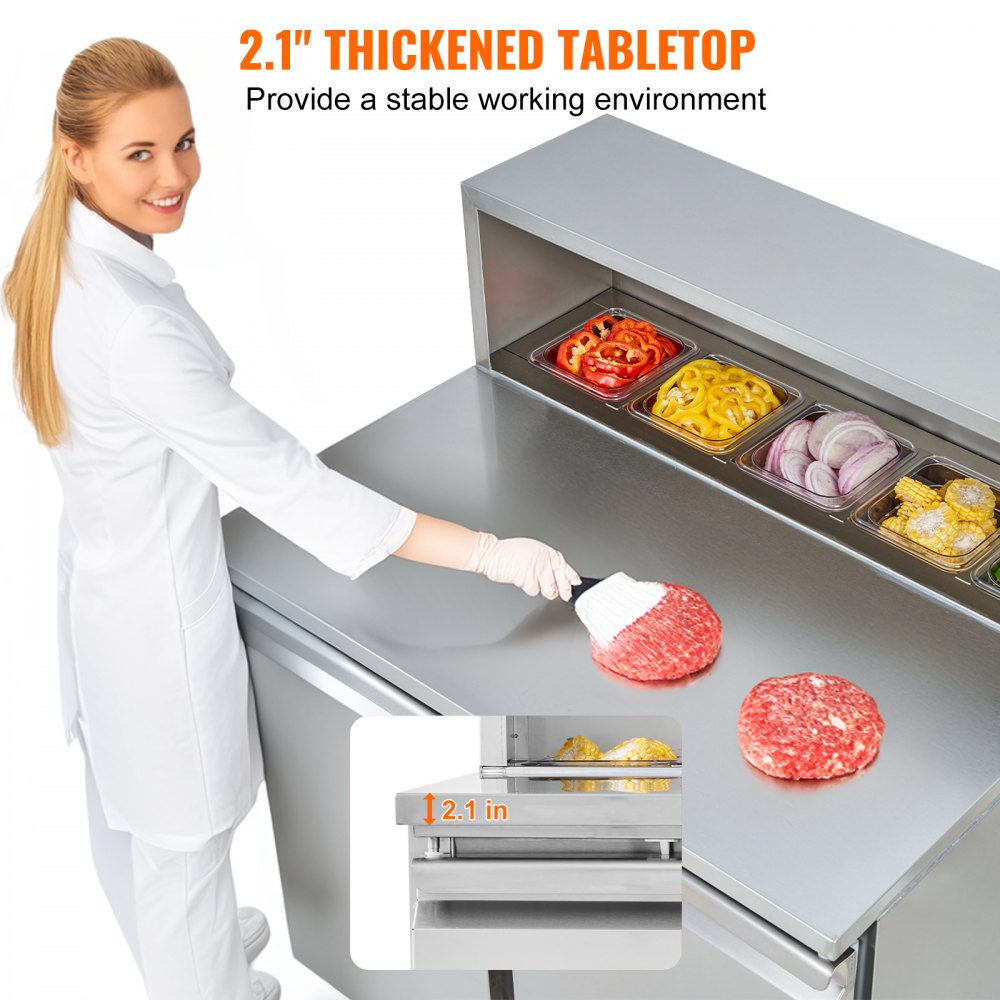 VEVOR Commercial Refrigerator Sandwich & Salad Prep Table, 220L Stainless Steel Refrigerated Food Prep Station with 5 Pans, Clean Brush, 2 Doors Direct Cool Refrigerator with Light for Restaurant