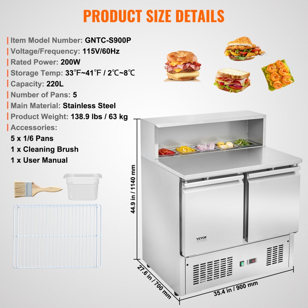 VEVOR Commercial Refrigerator Sandwich & Salad Prep Table, 220L Stainless Steel Refrigerated Food Prep Station with 5 Pans, Clean Brush, 2 Doors Direct Cool Refrigerator with Light for Restaurant
