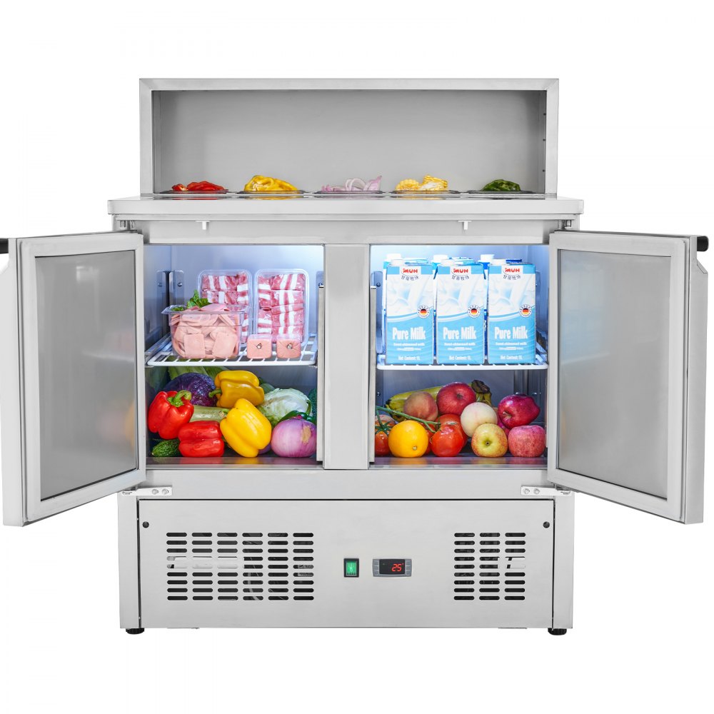 VEVOR Commercial Refrigerator Sandwich & Salad Prep Table, 220L Stainless Steel Refrigerated Food Prep Station with 5 Pans, Clean Brush, 2 Doors Direct Cool Refrigerator with Light for Restaurant