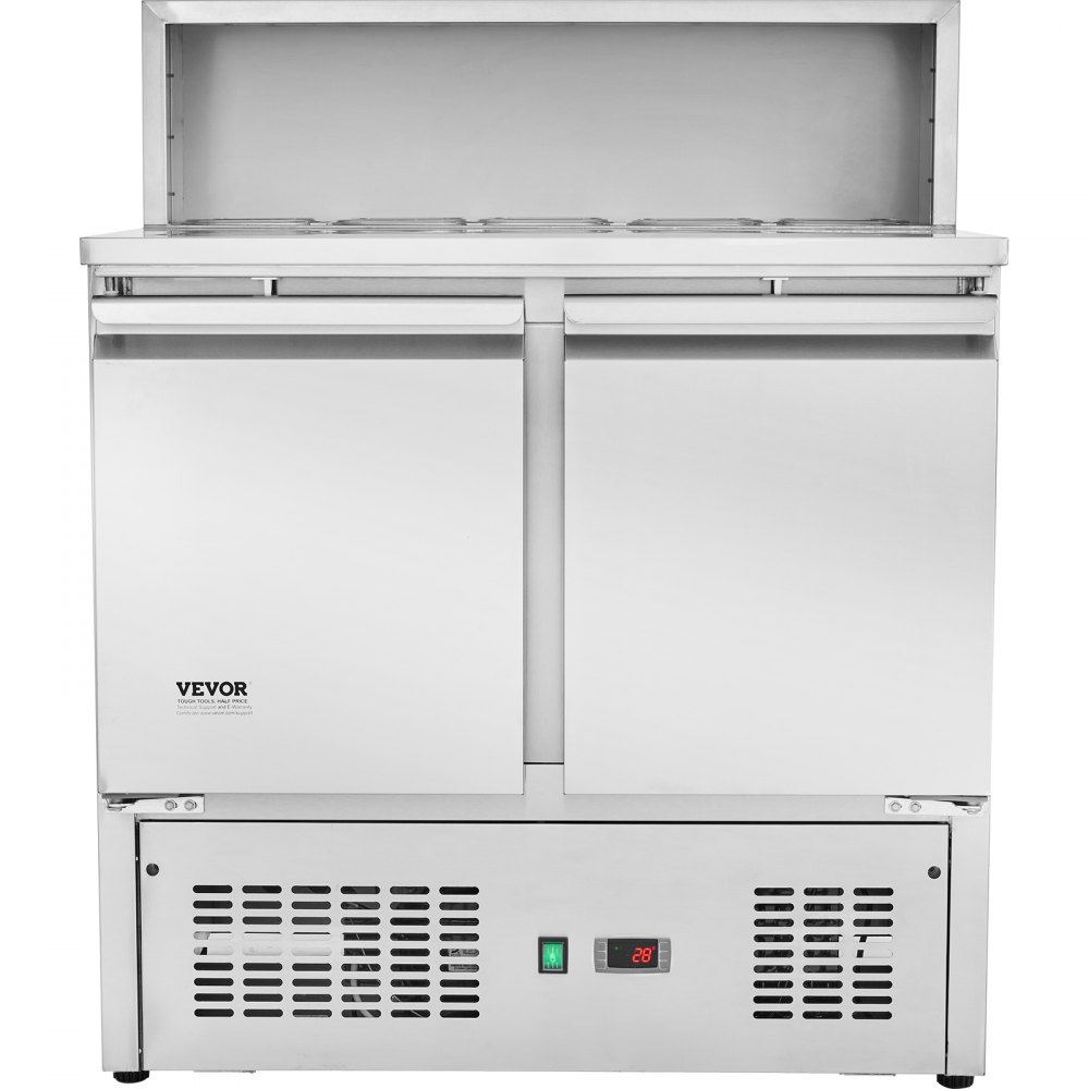 VEVOR Commercial Refrigerator Sandwich & Salad Prep Table, 220L Stainless Steel Refrigerated Food Prep Station with 5 Pans, Clean Brush, 2 Doors Direct Cool Refrigerator with Light for Restaurant