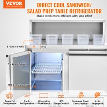 VEVOR Commercial Refrigerator 220L Sandwich Salad Prep Table 2 Doors w/ 5 Pans