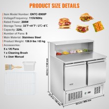 VEVOR Commercial Refrigerator 220L Sandwich Salad Prep Table 2 Doors w/ 5 Pans