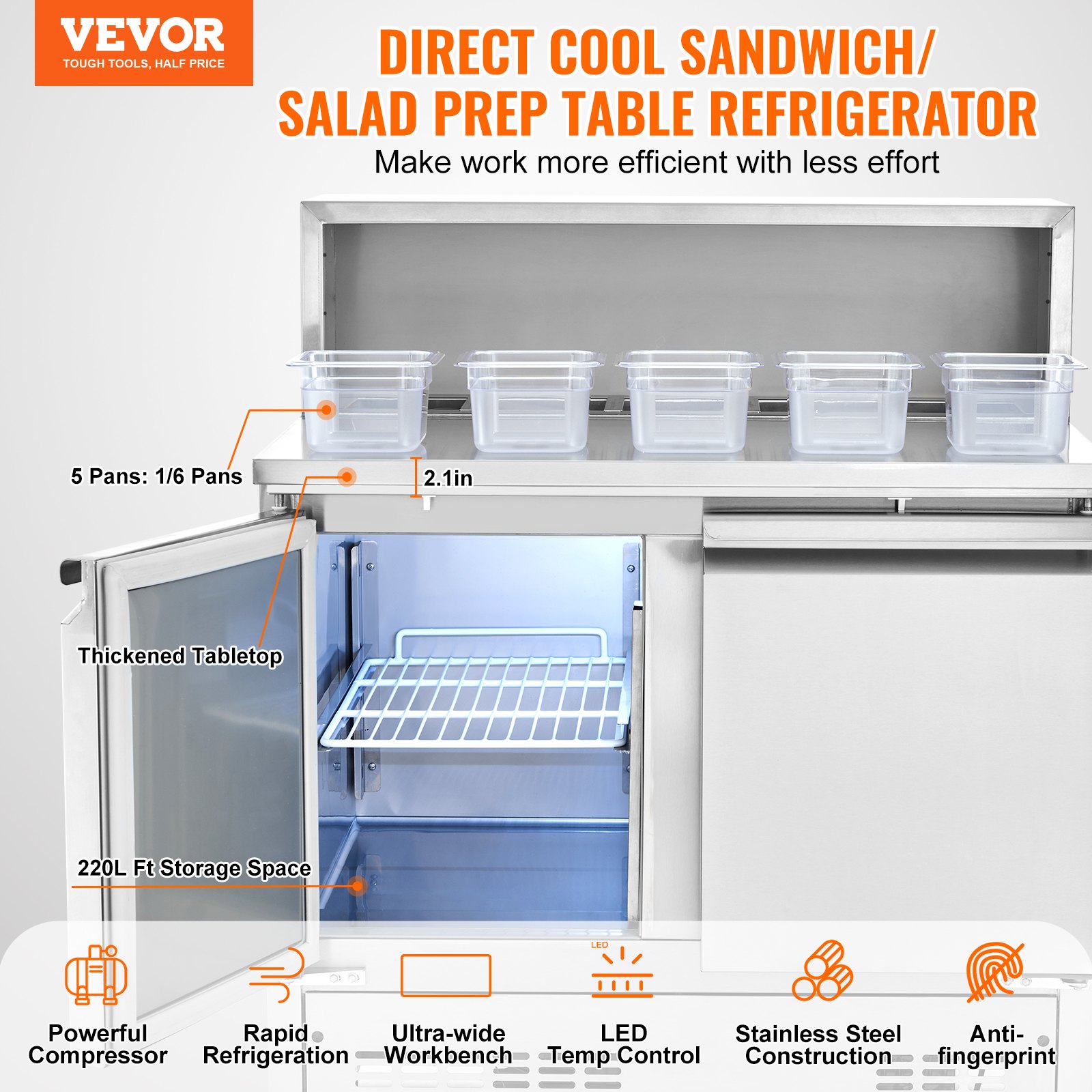 VEVOR Commercial Refrigerator Sandwich & Salad Prep Table, 220L Stainless Steel Refrigerated Food Prep Station with 5 Pans, Clean Brush, 2 Doors Direct Cool Refrigerator with Light for Restaurant