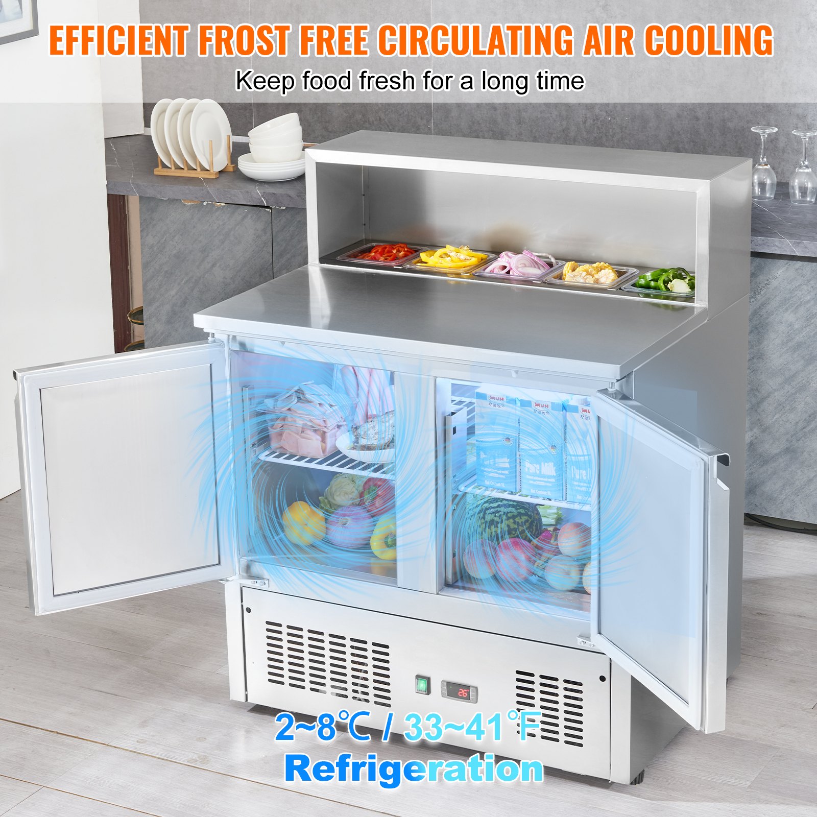 VEVOR Commercial Refrigerator Sandwich & Salad Prep Table, 220L Stainless Steel Refrigerated Food Prep Station with 5 Pans, Clean Brush, 2 Doors Direct Cool Refrigerator with Light for Restaurant