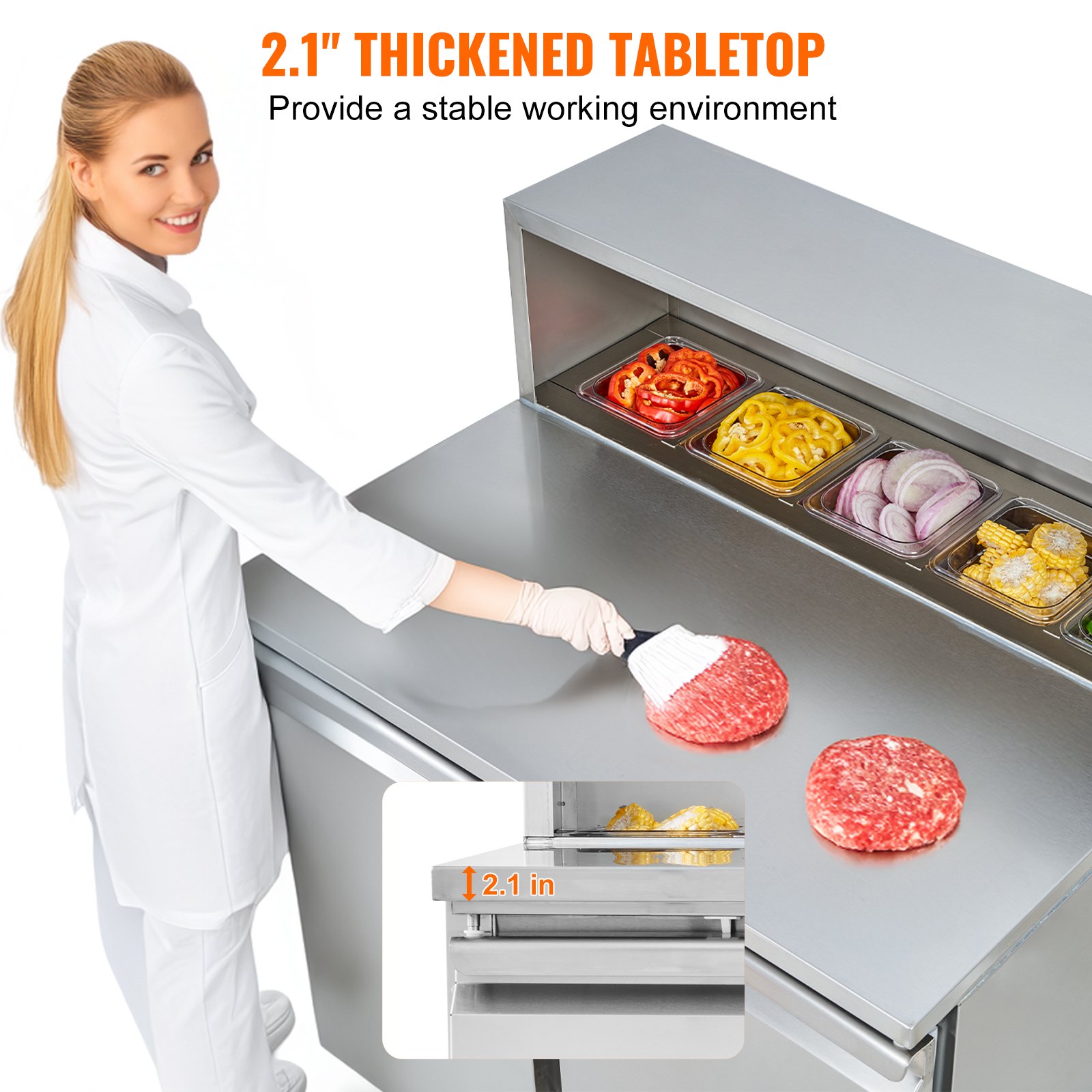 VEVOR Commercial Refrigerator Sandwich & Salad Prep Table, 220L Stainless Steel Refrigerated Food Prep Station with 5 Pans, Clean Brush, 2 Doors Direct Cool Refrigerator with Light for Restaurant