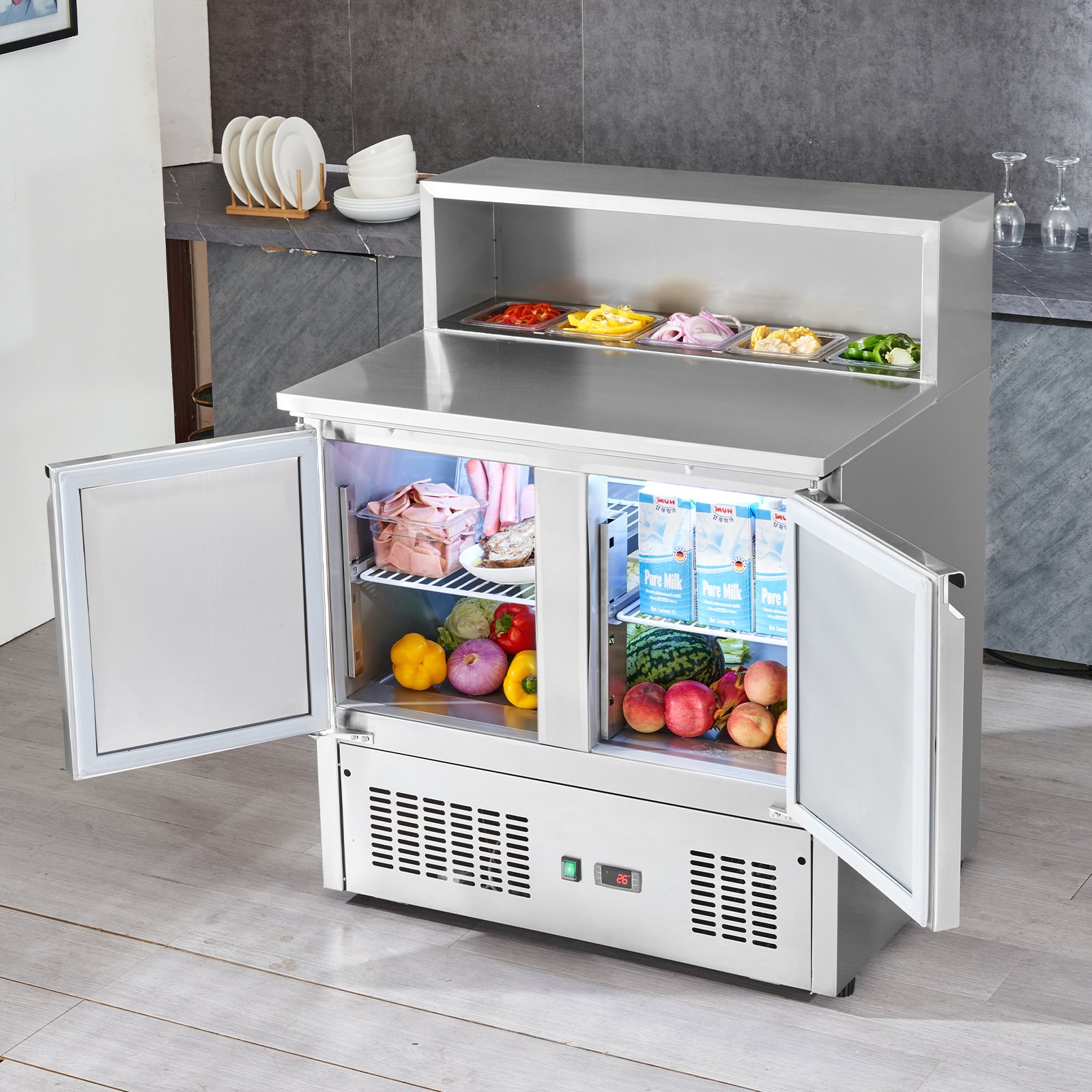 VEVOR Commercial Refrigerator Sandwich & Salad Prep Table, 220L Stainless Steel Refrigerated Food Prep Station with 5 Pans, Clean Brush, 2 Doors Direct Cool Refrigerator with Light for Restaurant