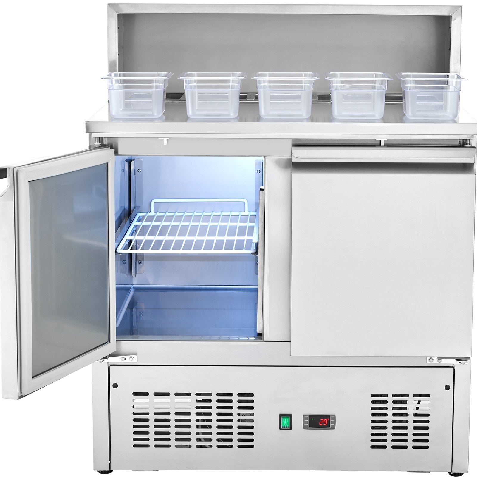 VEVOR Commercial Refrigerator Sandwich & Salad Prep Table, 220L Stainless Steel Refrigerated Food Prep Station with 5 Pans, Clean Brush, 2 Doors Direct Cool Refrigerator with Light for Restaurant