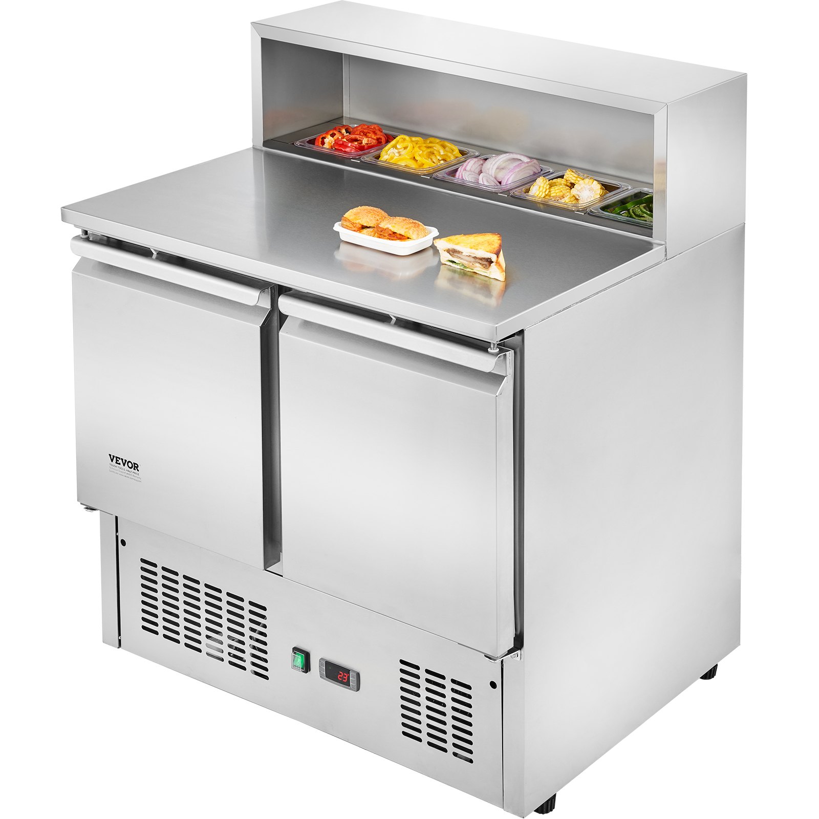 VEVOR Commercial Refrigerator Sandwich & Salad Prep Table, 220L Stainless Steel Refrigerated Food Prep Station with 5 Pans, Clean Brush, 2 Doors Direct Cool Refrigerator with Light for Restaurant