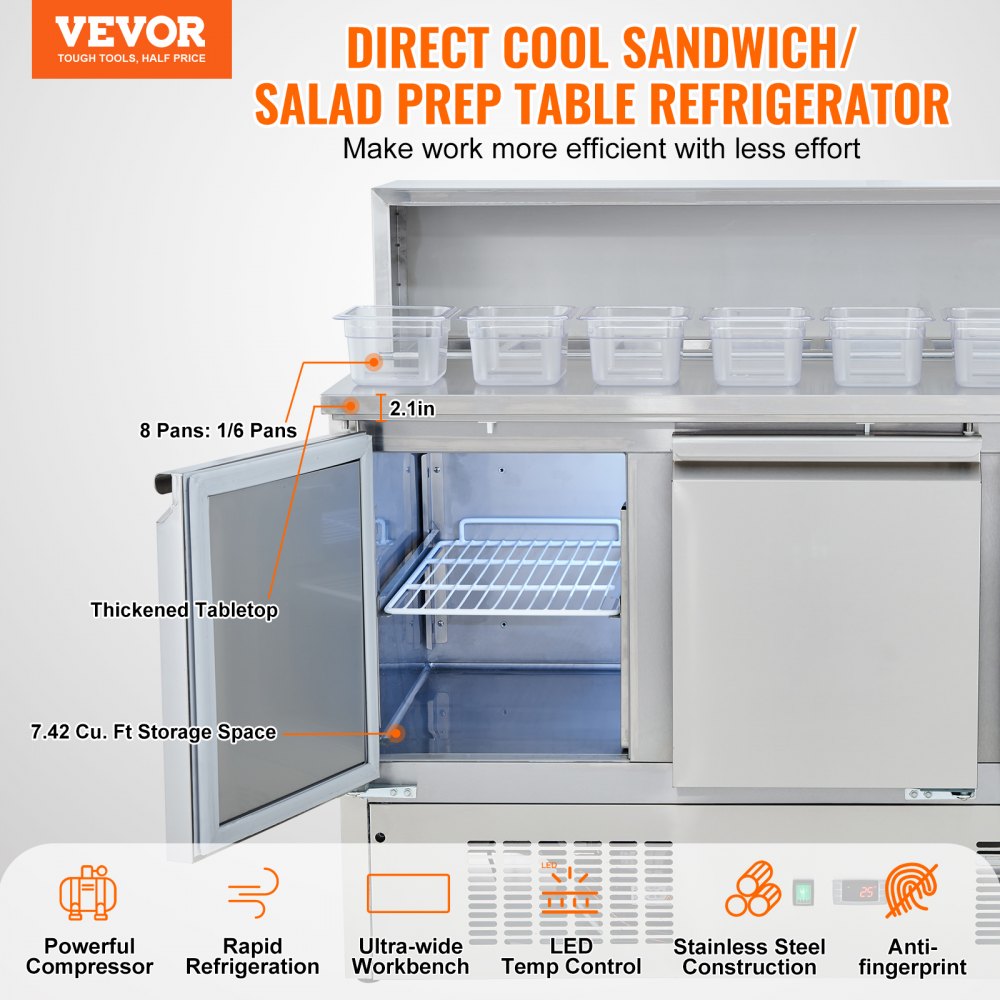 VEVOR Commercial Refrigerator Sandwich & Salad Prep Table, 337L Stainless Steel Refrigerated Food Prep Station with 5 Pans, Clean Brush, 3 Doors Direct Cool Refrigerator with Light for Restaurant