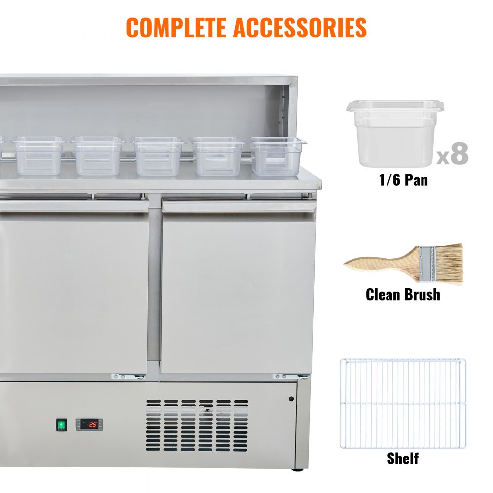 VEVOR Commercial Refrigerator Sandwich & Salad Prep Table, 337L Stainless Steel Refrigerated Food Prep Station with 5 Pans, Clean Brush, 3 Doors Direct Cool Refrigerator with Light for Restaurant