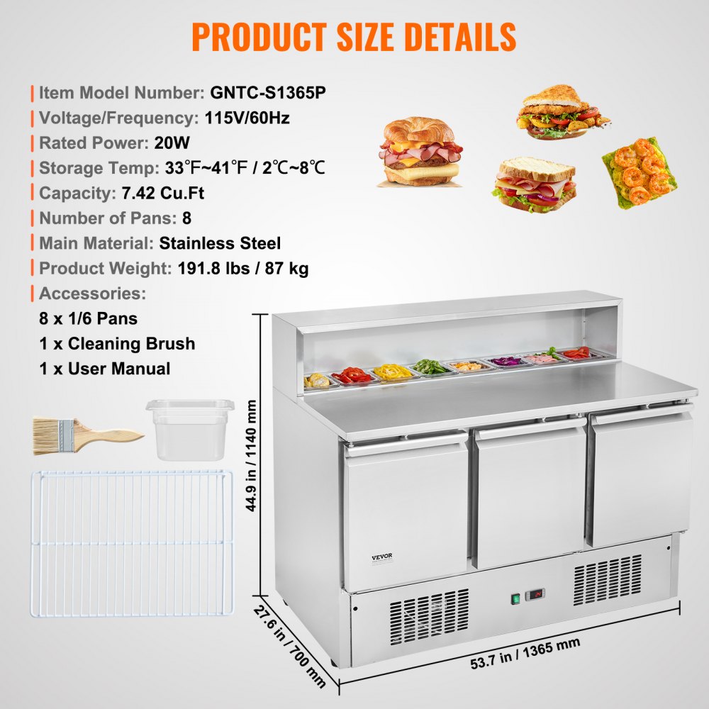 VEVOR Commercial Refrigerator Sandwich & Salad Prep Table, 337L Stainless Steel Refrigerated Food Prep Station with 5 Pans, Clean Brush, 3 Doors Direct Cool Refrigerator with Light for Restaurant