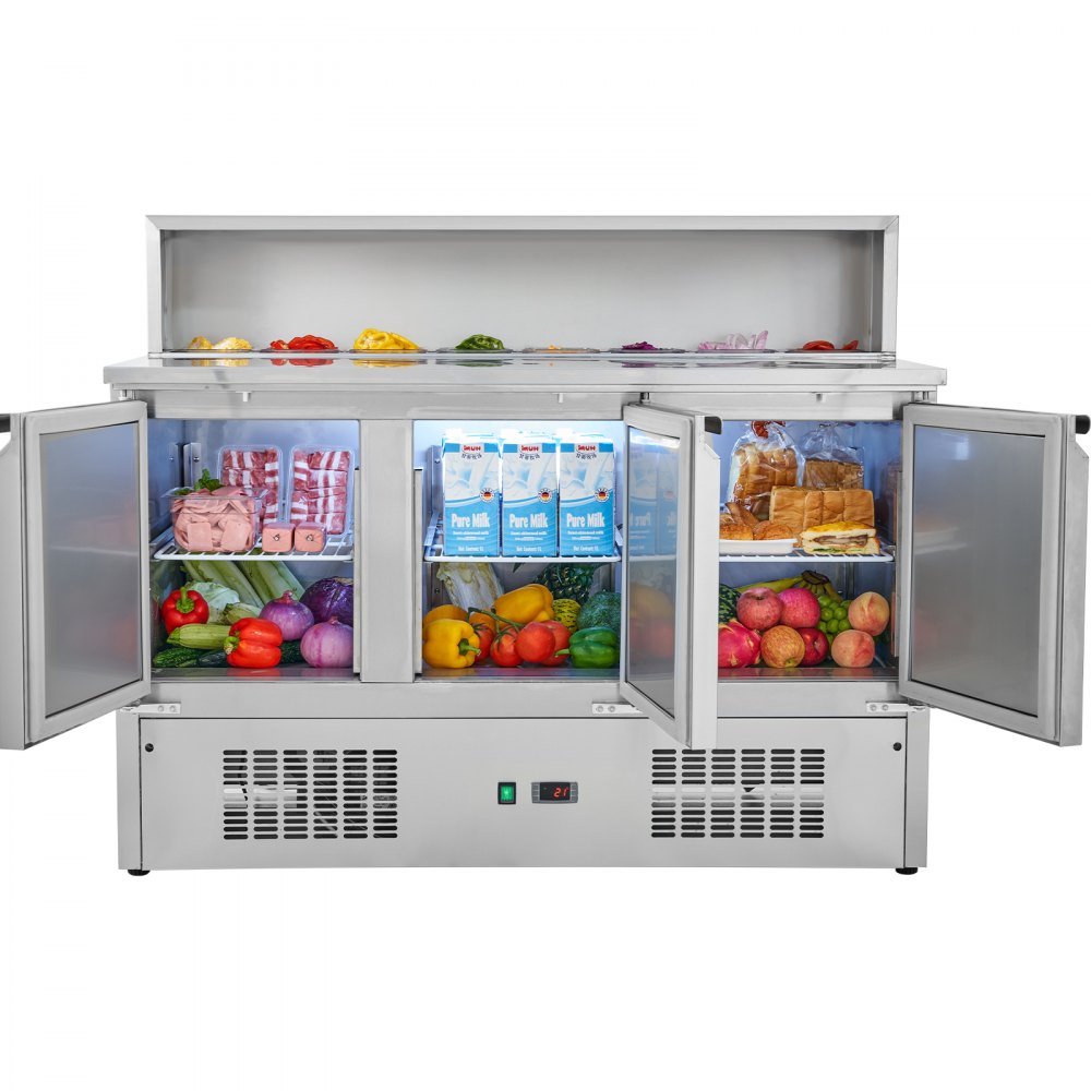 VEVOR Commercial Refrigerator Sandwich & Salad Prep Table, 337L Stainless Steel Refrigerated Food Prep Station with 5 Pans, Clean Brush, 3 Doors Direct Cool Refrigerator with Light for Restaurant