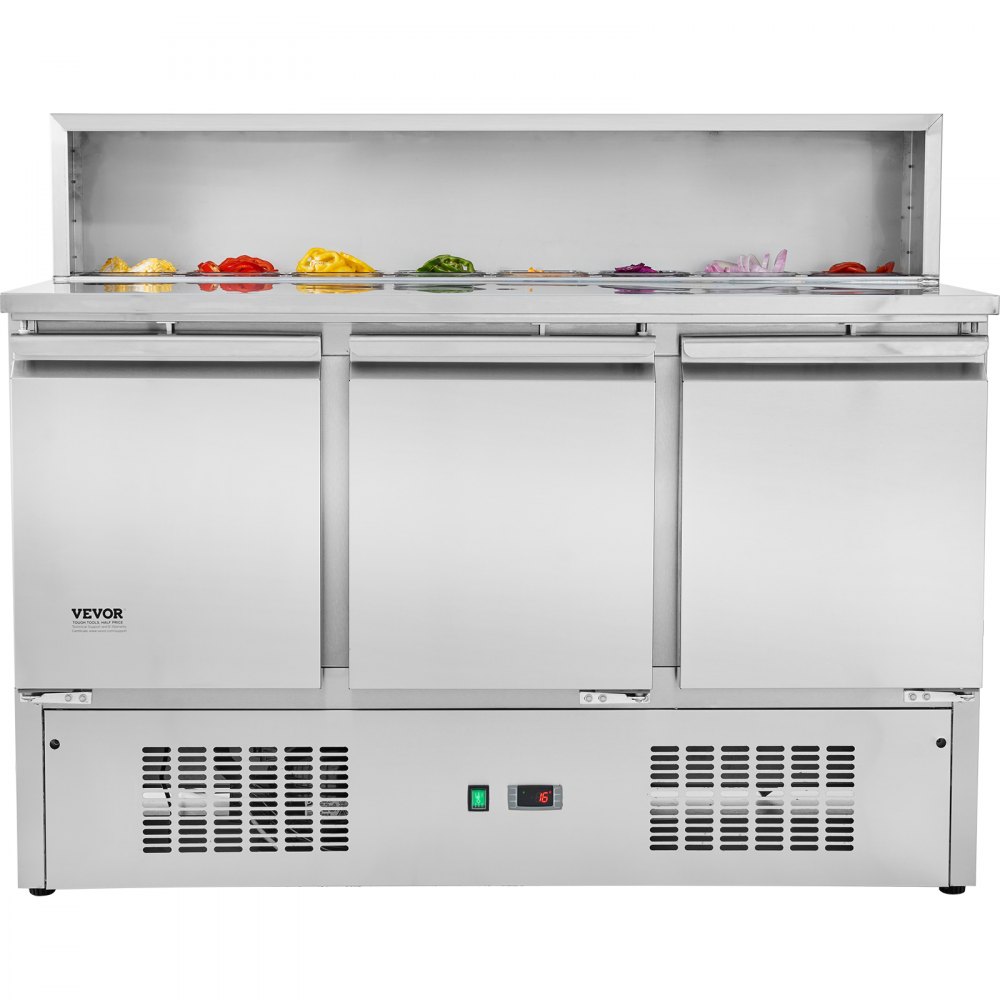 VEVOR Commercial Refrigerator Sandwich & Salad Prep Table, 337L Stainless Steel Refrigerated Food Prep Station with 5 Pans, Clean Brush, 3 Doors Direct Cool Refrigerator with Light for Restaurant
