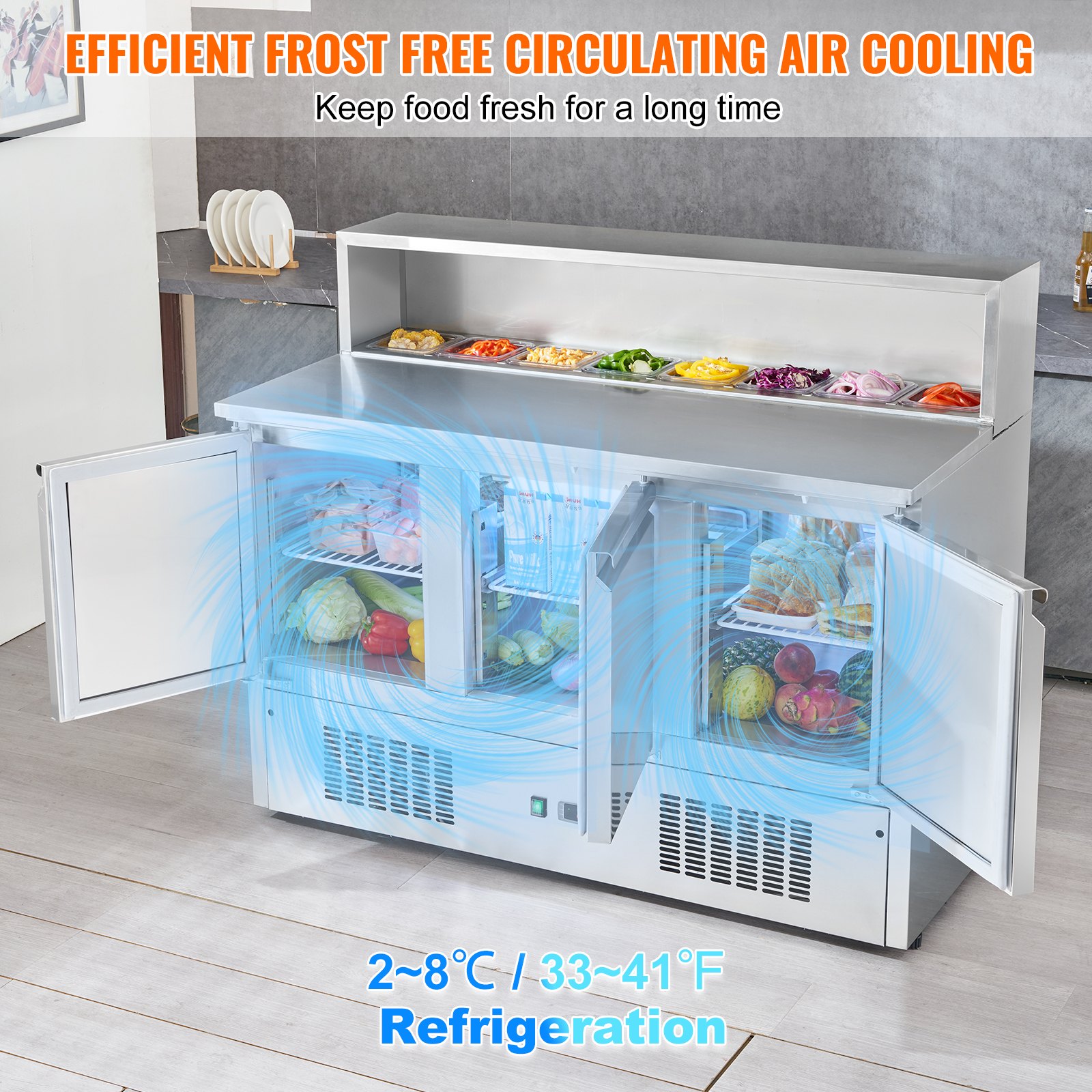 VEVOR Commercial Refrigerator Sandwich & Salad Prep Table, 337L Stainless Steel Refrigerated Food Prep Station with 5 Pans, Clean Brush, 3 Doors Direct Cool Refrigerator with Light for Restaurant