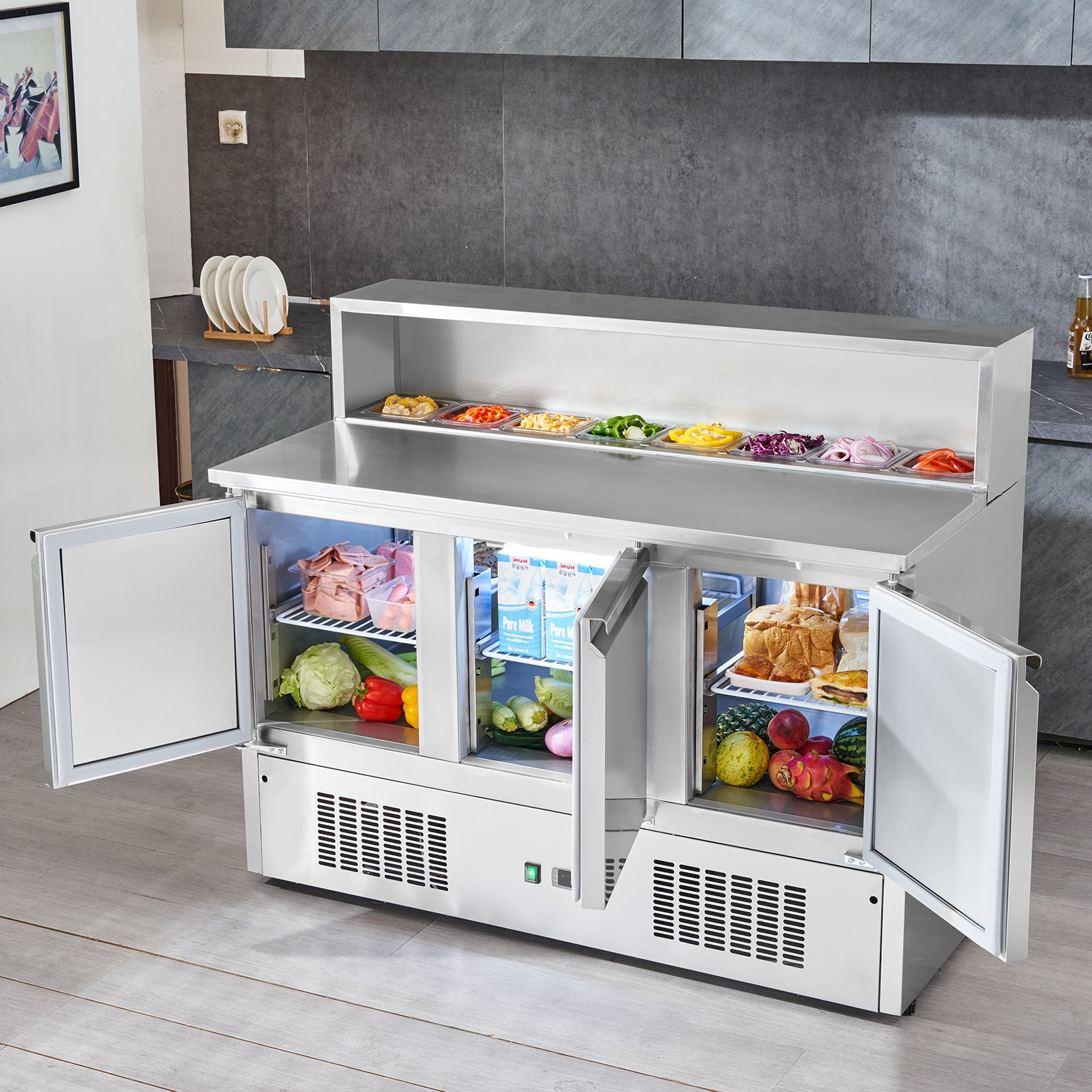 VEVOR Commercial Refrigerator Sandwich & Salad Prep Table, 337L Stainless Steel Refrigerated Food Prep Station with 5 Pans, Clean Brush, 3 Doors Direct Cool Refrigerator with Light for Restaurant